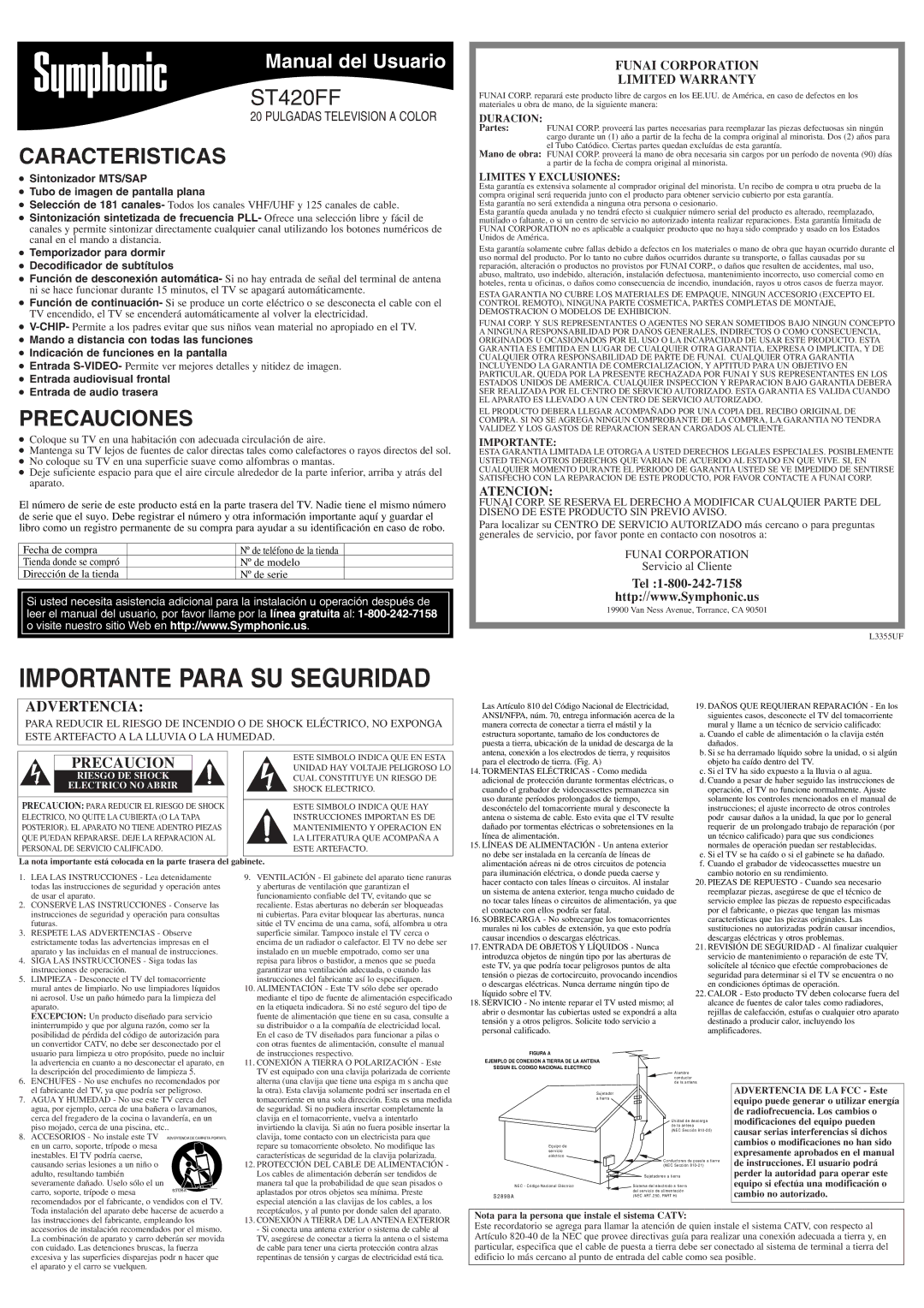 Symphonic ST420FF Caracteristicas, Precauciones, Atencion, Sintonizador MTS/SAP Tubo de imagen de pantalla plana 