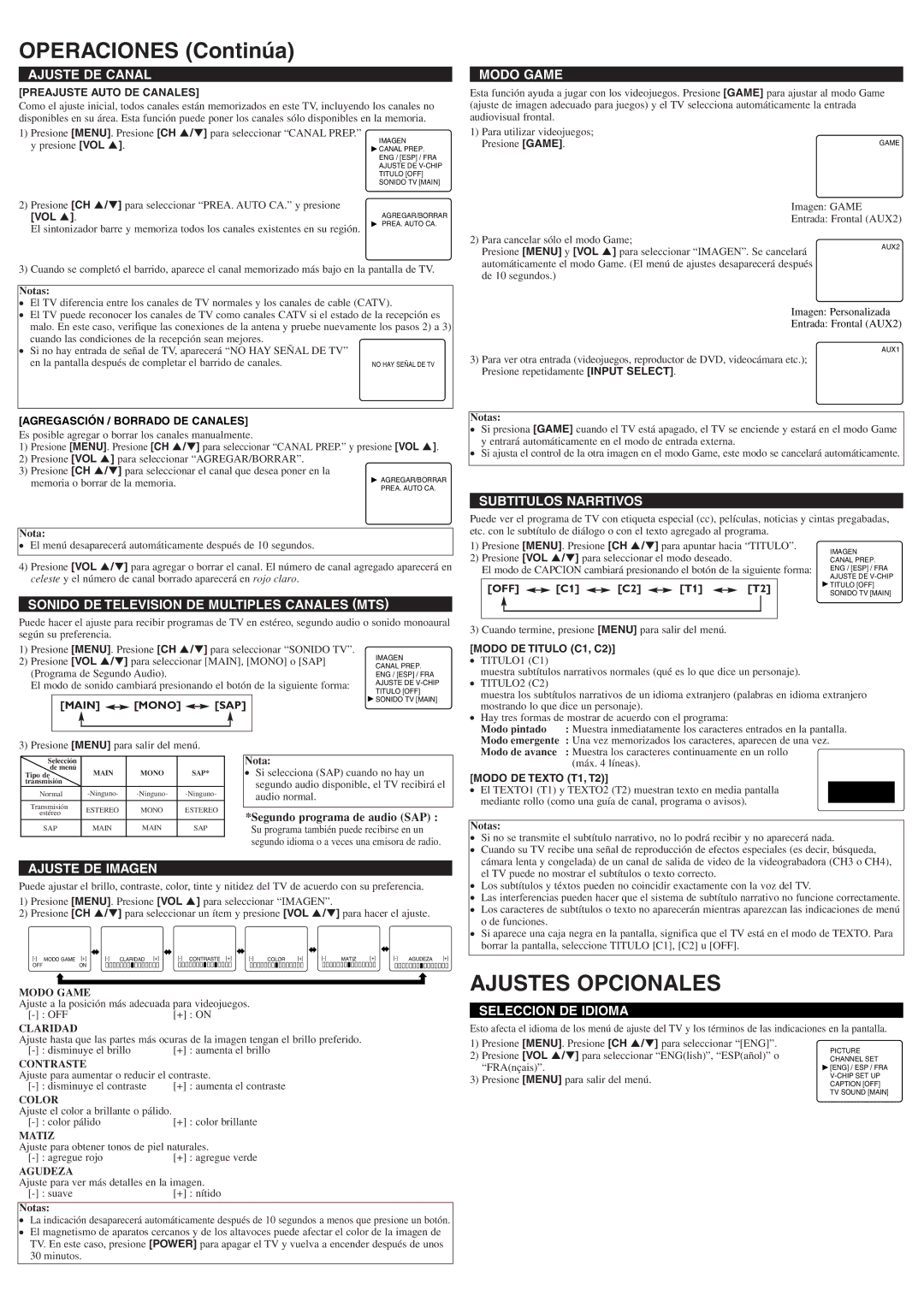 Symphonic ST420FF owner manual Operaciones Continúa, Ajustes Opcionales 