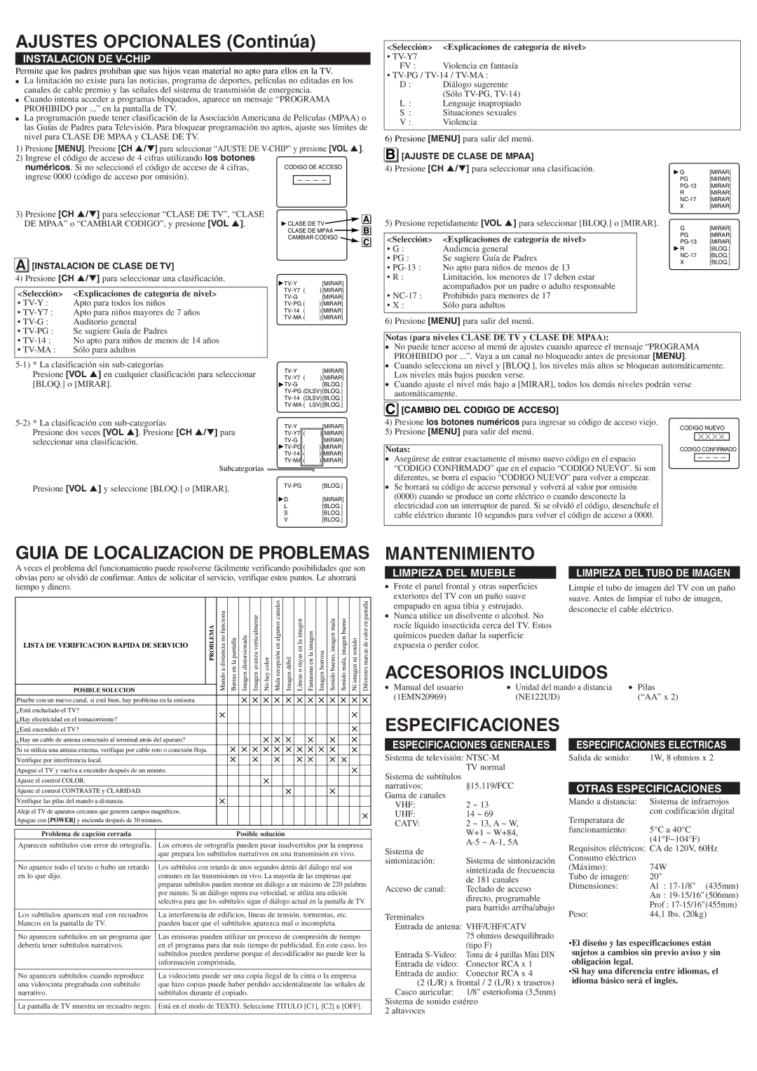 Symphonic ST420FF Ajustes Opcionales Continúa, Guia DE Localizacion DE Problemas, Mantenimiento, Accesorios Incluidos 