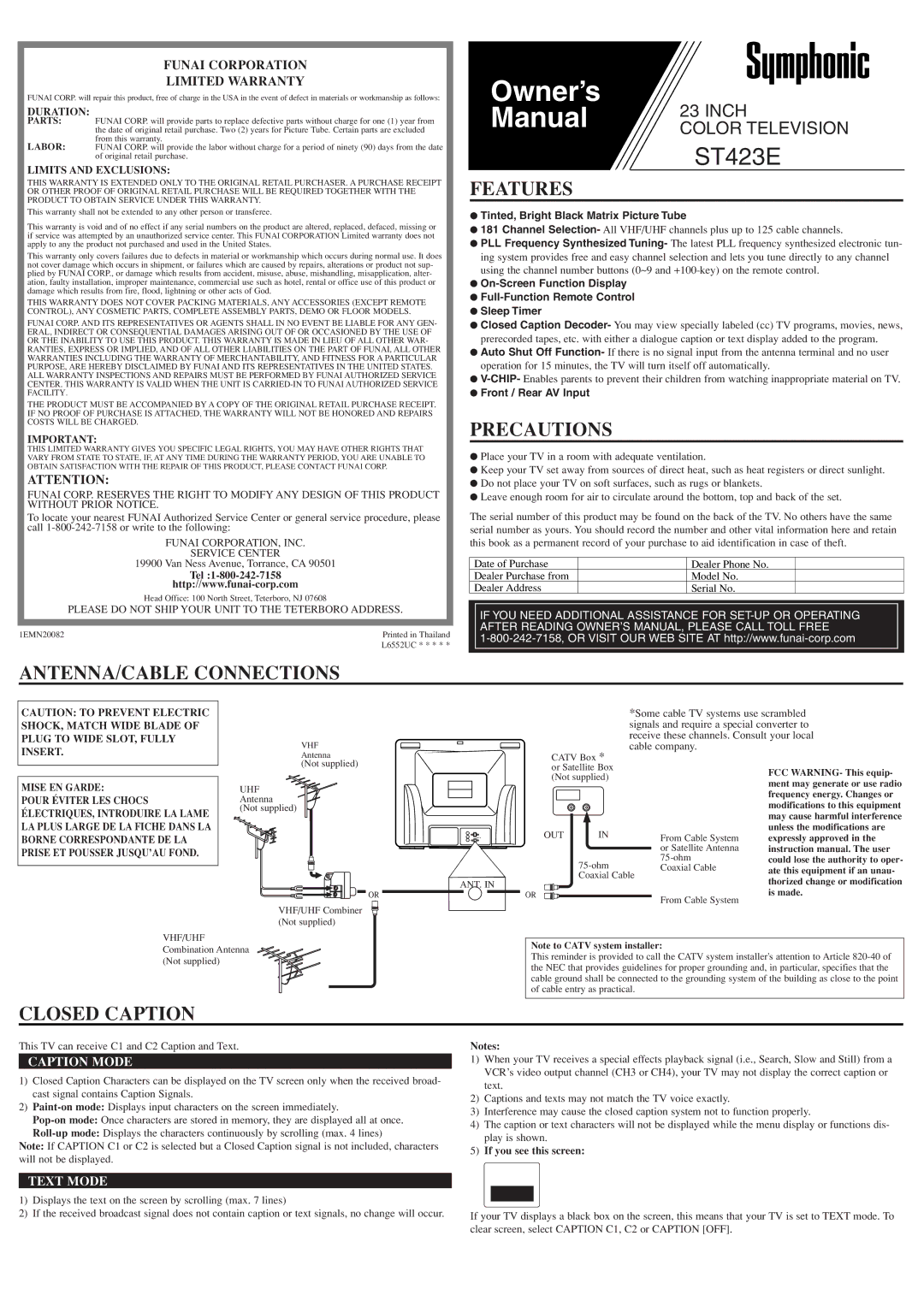 Symphonic ST423E owner manual Features, Precautions, ANTENNA/CABLE Connections, Closed Caption 