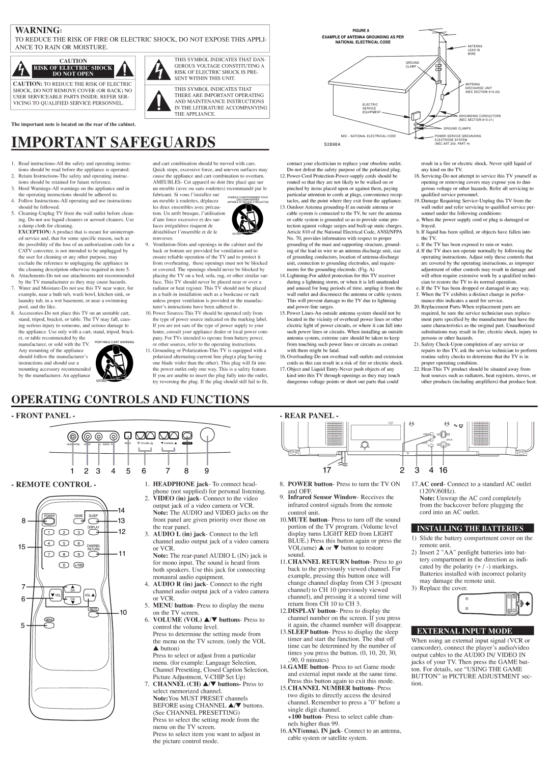 Symphonic ST423E Important Safeguards, Operating Controls and Functions, Installing the Batteries, External Input Mode 