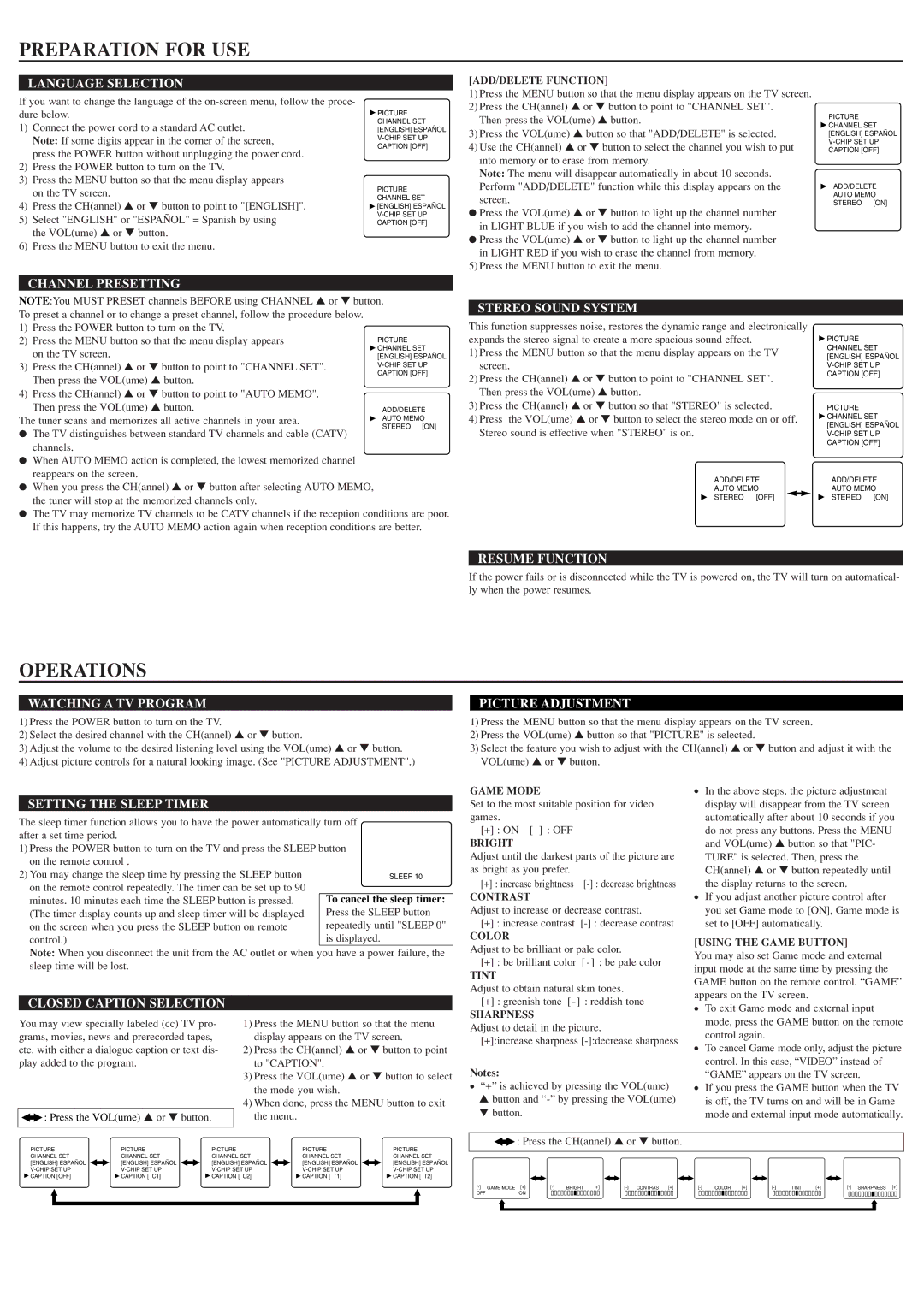 Symphonic ST423E owner manual Preparation for USE, Operations 