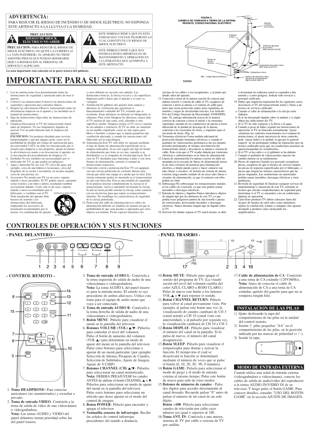 Symphonic ST423E owner manual Importante Para SU Seguridad, Panel Trasero, Control Remoto, Instalacion DE LAS Pilas 