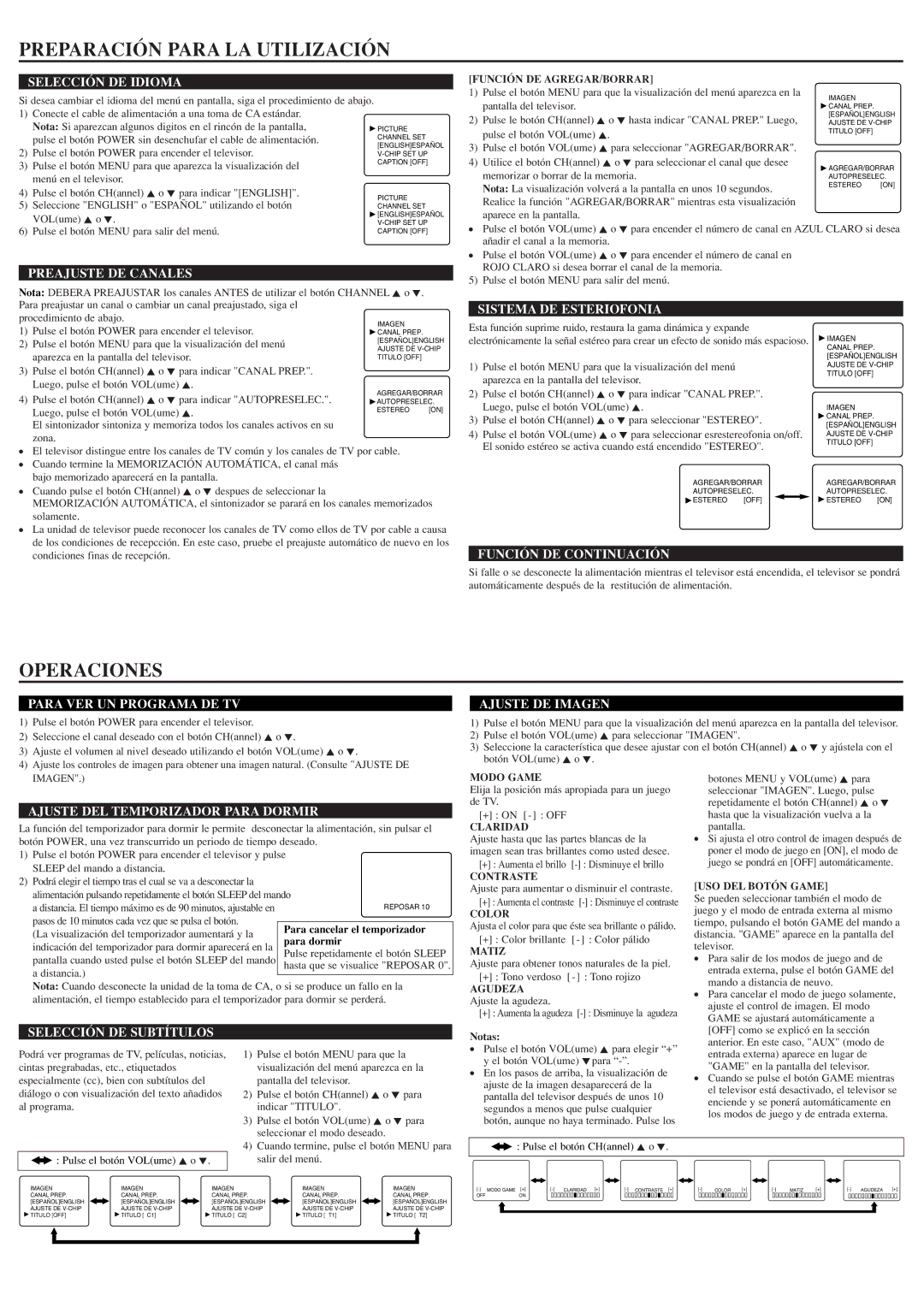 Symphonic ST423E owner manual Preparación Para LA Utilización, Operaciones 