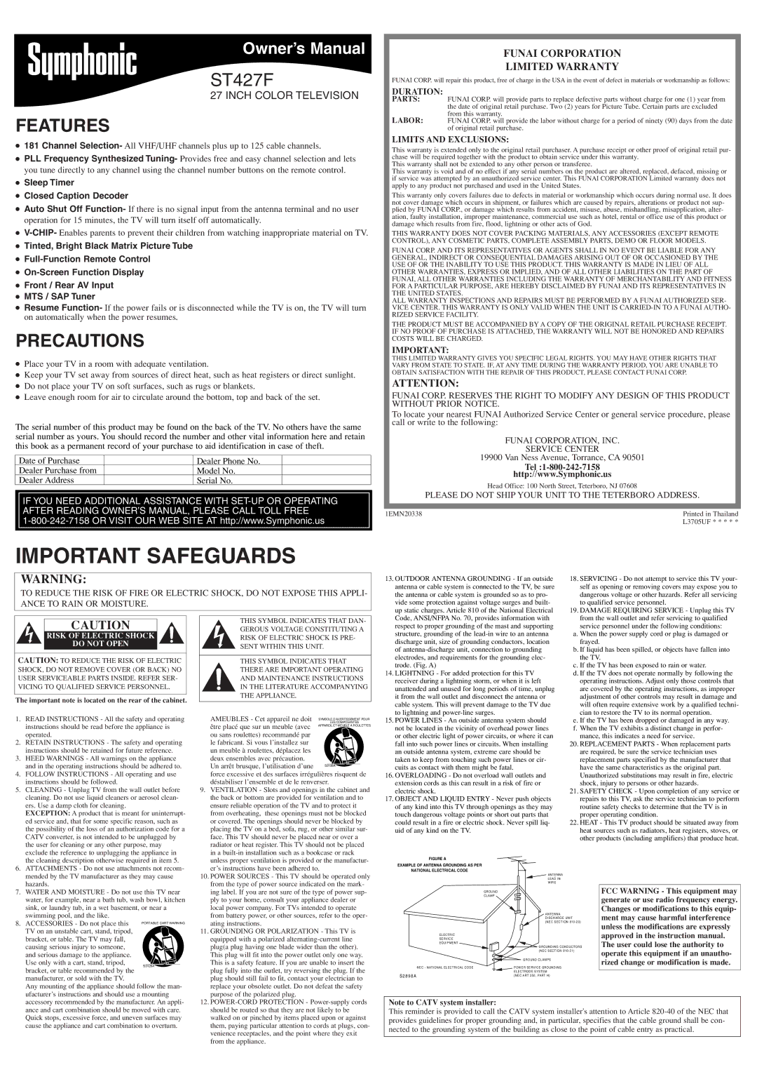 Symphonic ST427F owner manual Features, Precautions, Funai Corporation Limited Warranty 