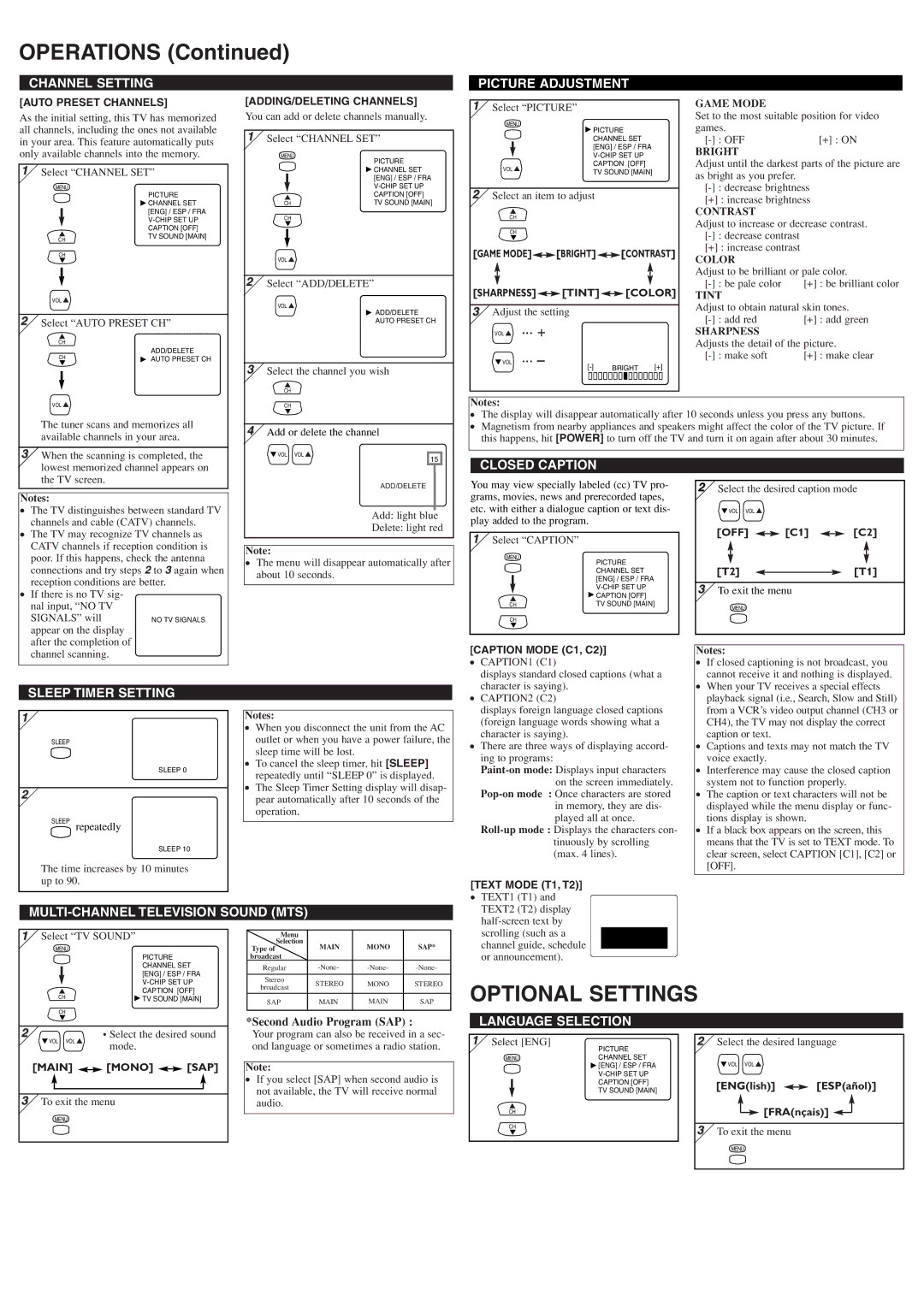 Symphonic ST427F owner manual Operations, Optional Settings 