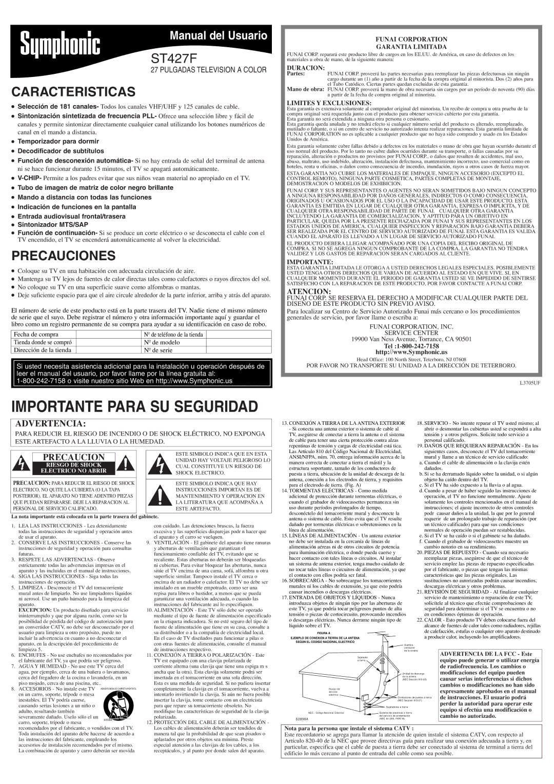 Symphonic ST427F owner manual Caracteristicas, Precauciones, Atencion 