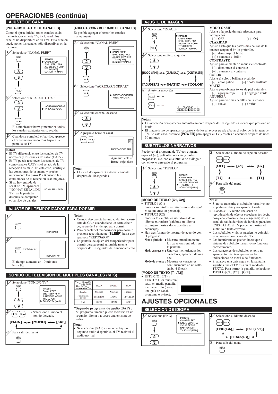 Symphonic ST427F owner manual Operaciones continúa, Ajustes Opcionales 