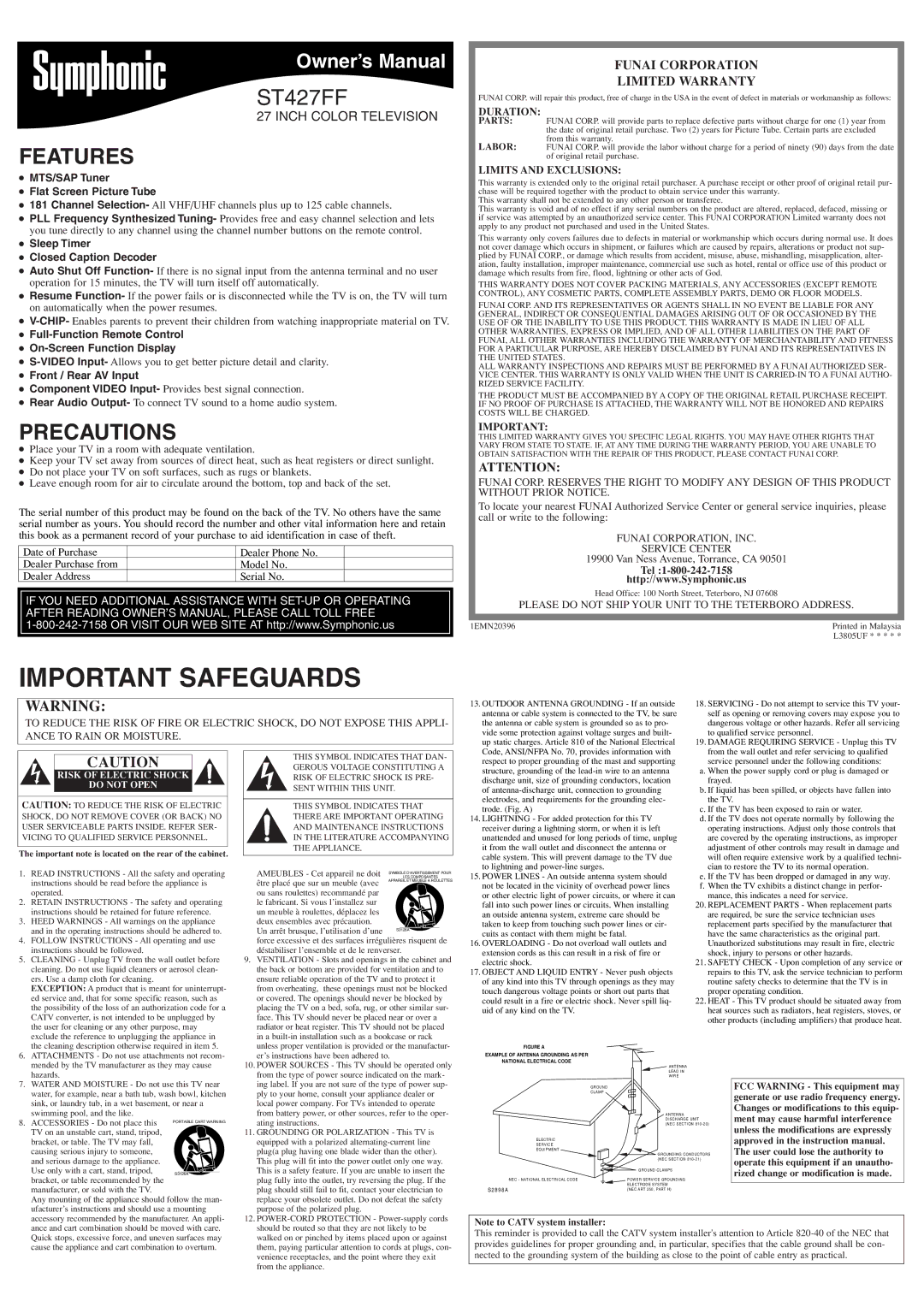 Symphonic ST427FF owner manual Features, Precautions, Funai Corporation Limited Warranty 