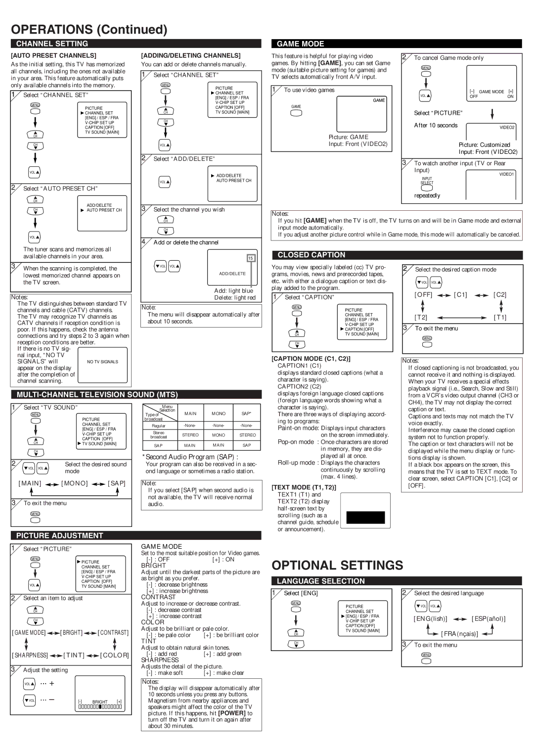 Symphonic ST427FF owner manual Operations, Optional Settings 