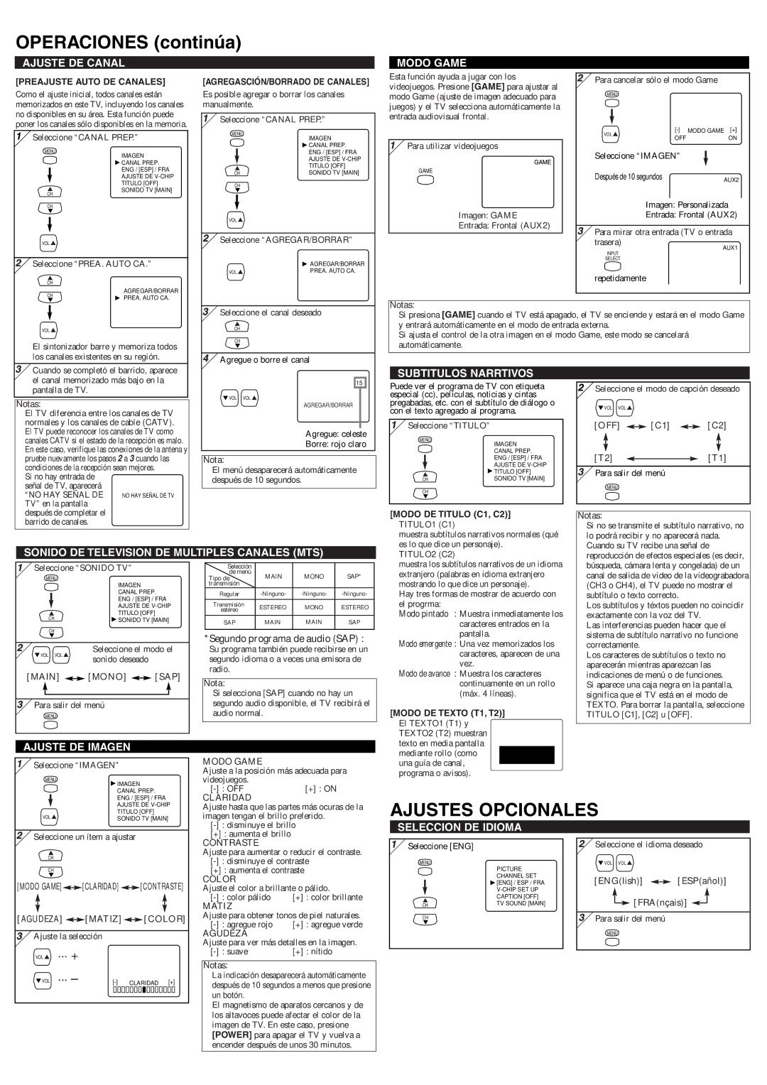 Symphonic ST427FF owner manual Operaciones continúa, Ajustes Opcionales 