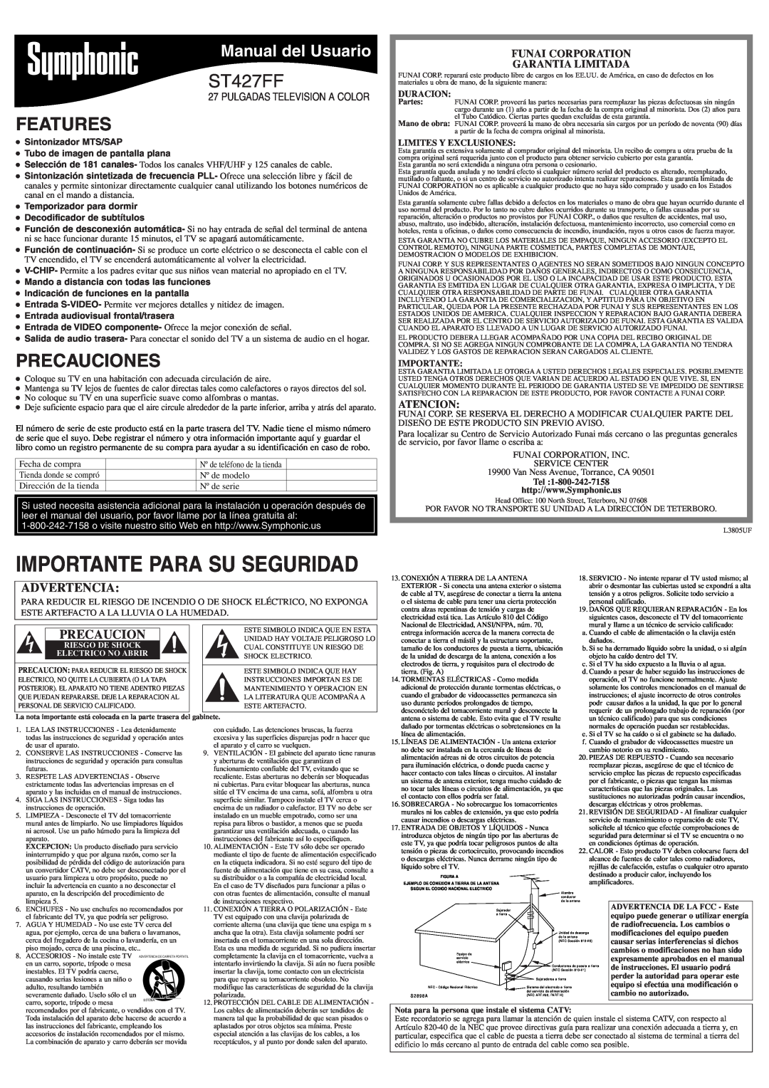 Symphonic ST427FF Precauciones, Manual del Usuario, Funai Corporation Garantia Limitada, Atencion, Features, Advertencia 
