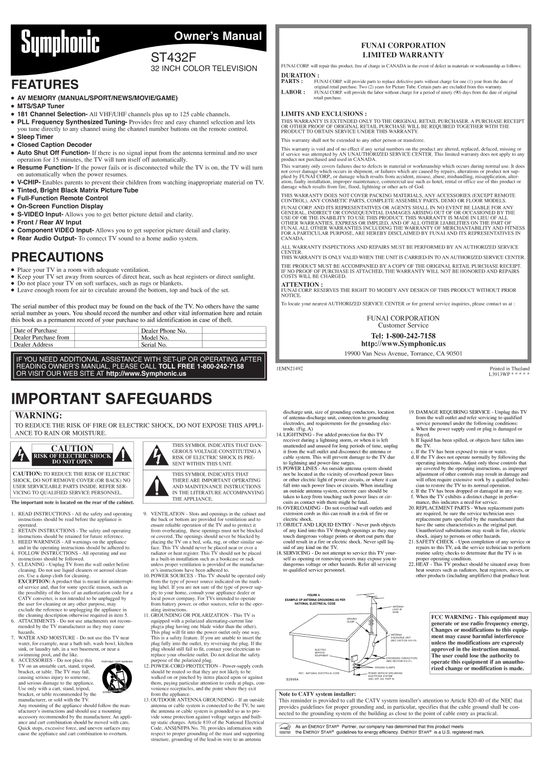 Symphonic ST432F owner manual Features, Precautions, AV Memory MANUAL/SPORT/NEWS/MOVIE/GAME 