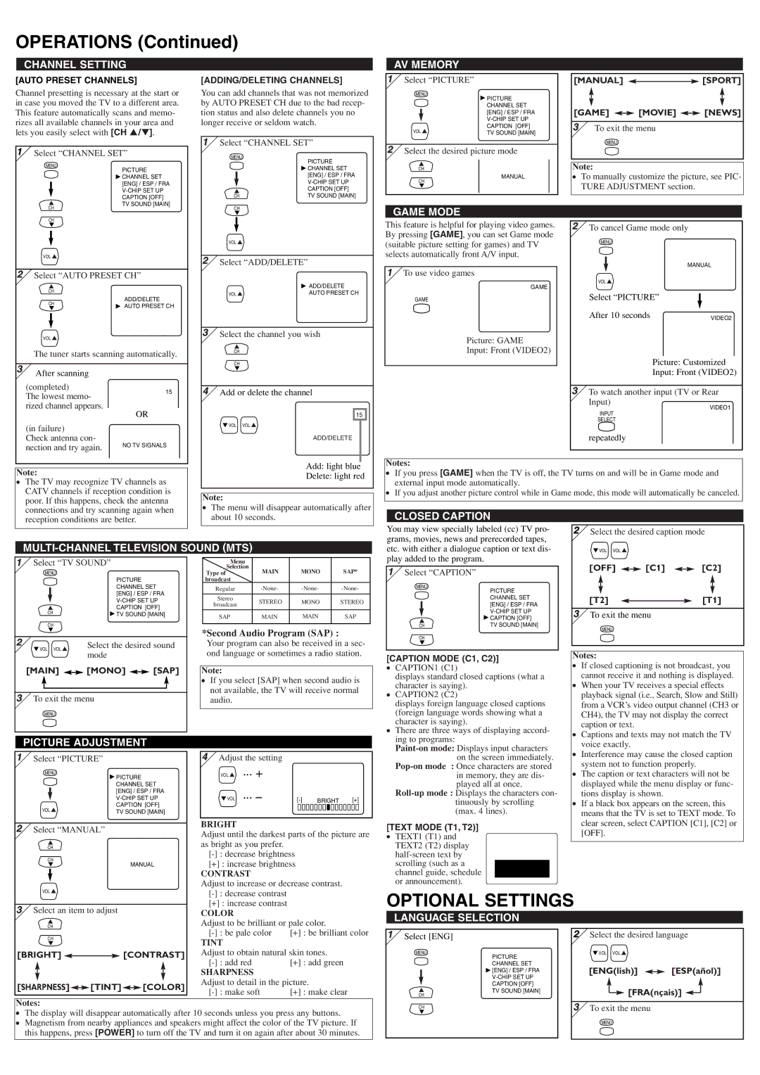 Symphonic ST432F owner manual Optional Settings 