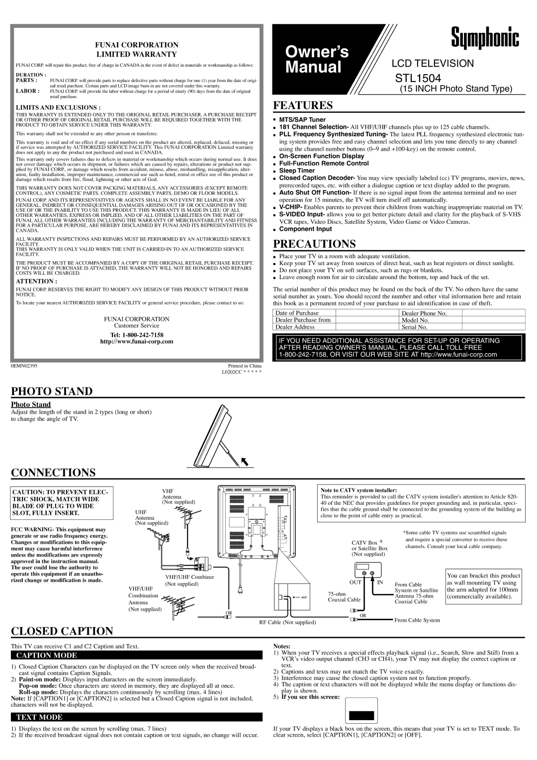 Symphonic STL1504 owner manual Features, Precautions, Photo Stand, Connections, Closed Caption 