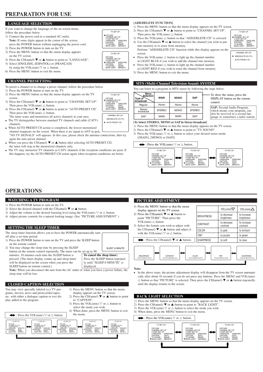 Symphonic STL1504 owner manual Preparation for USE, Operations 