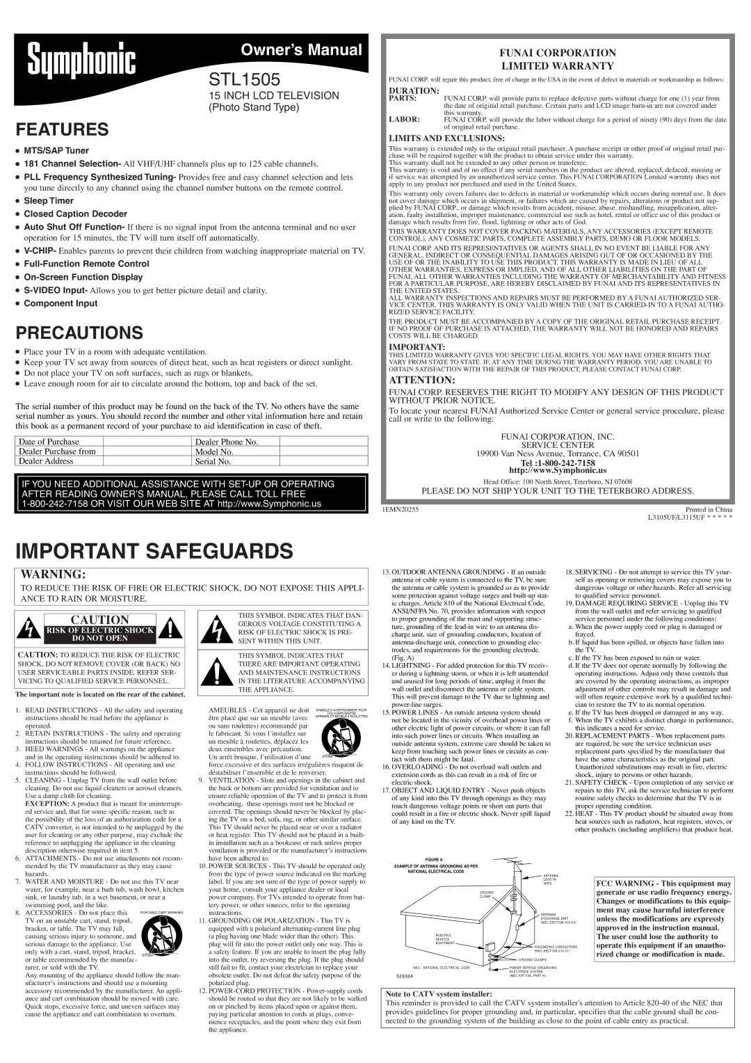 Symphonic STL1505 owner manual Features, Precautions, Funai Corporation Limited Warranty 