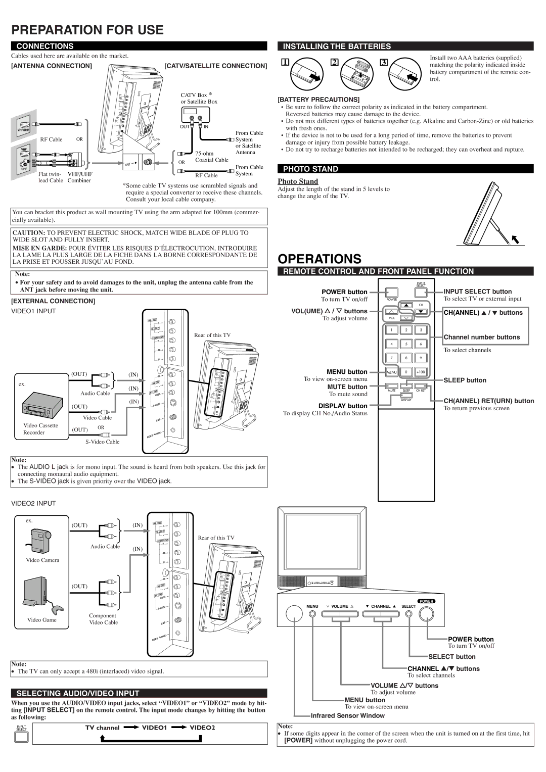 Symphonic STL1505 owner manual Preparation for USE, Operations 