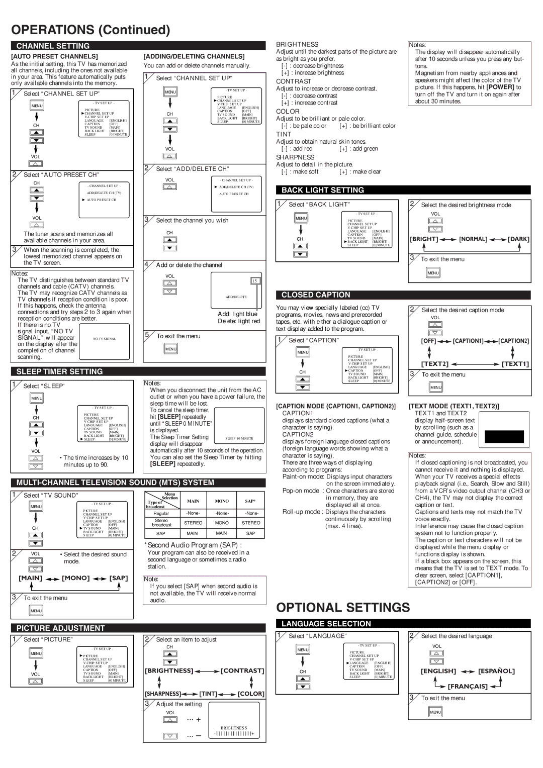 Symphonic STL1505 owner manual Operations, Optional Settings 