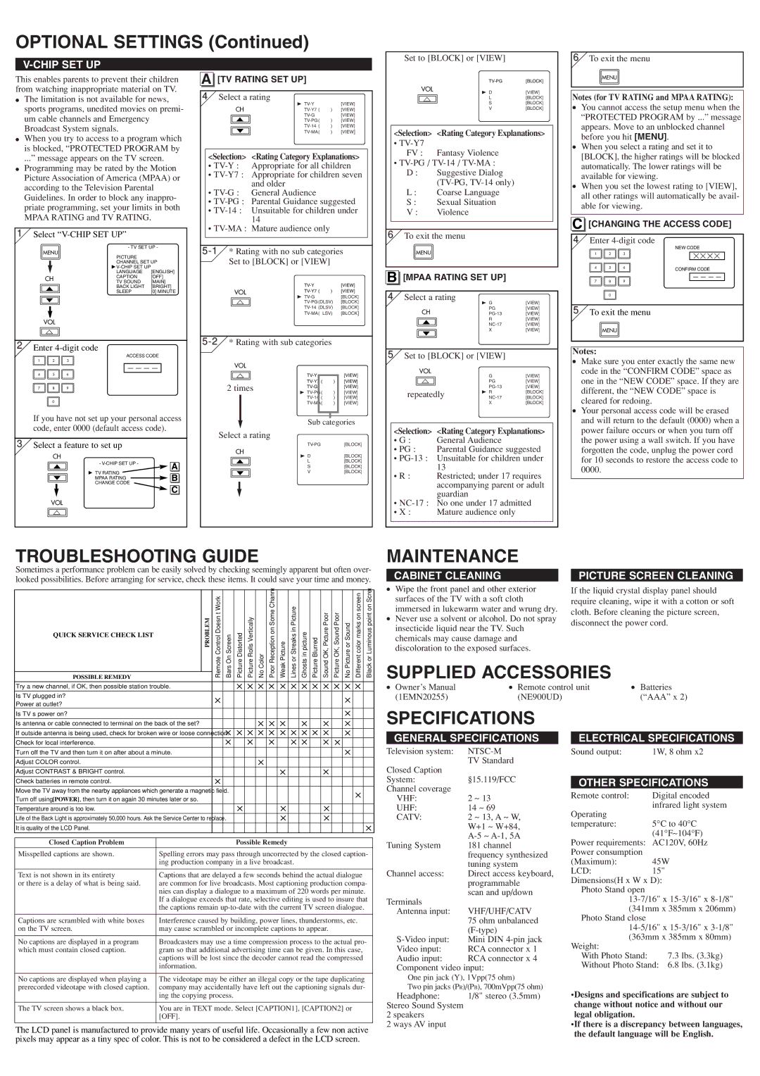 Symphonic STL1505 owner manual Optional Settings, Troubleshooting Guide, Maintenance, Specifications 