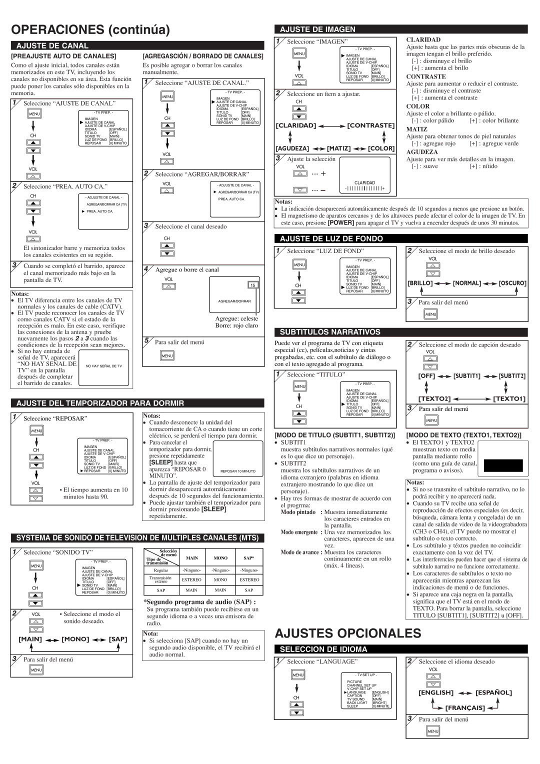 Symphonic STL1505 owner manual Operaciones continúa, Ajustes Opcionales 