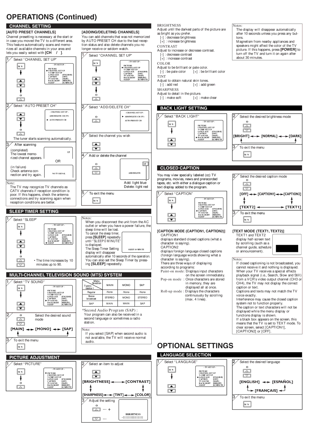 Symphonic STL1505A owner manual Operations, Optional Settings 