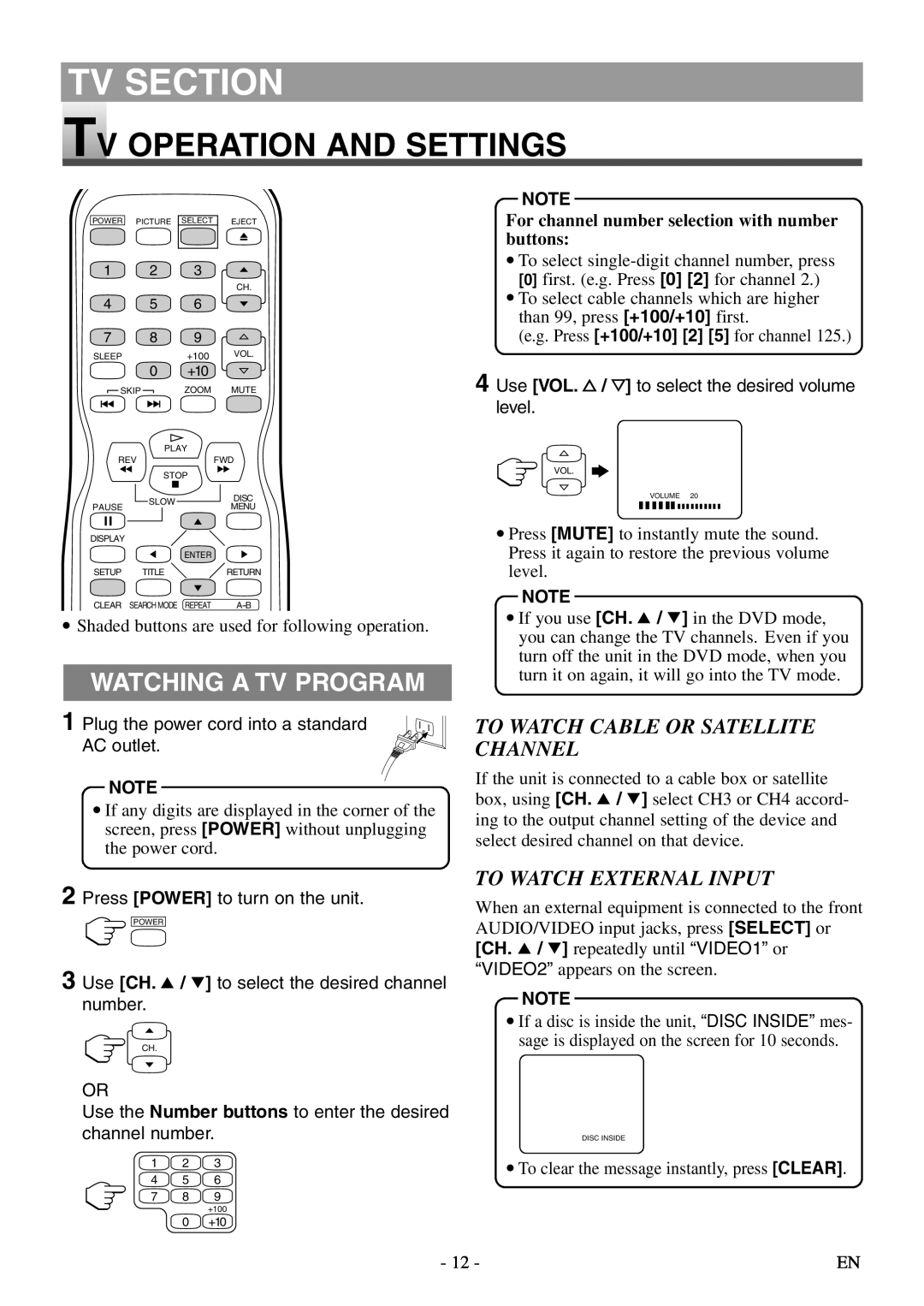 Symphonic STL20D5 owner manual TV Operation and Settings, Watching a TV Program, To Watch Cable or Satellite Channel 