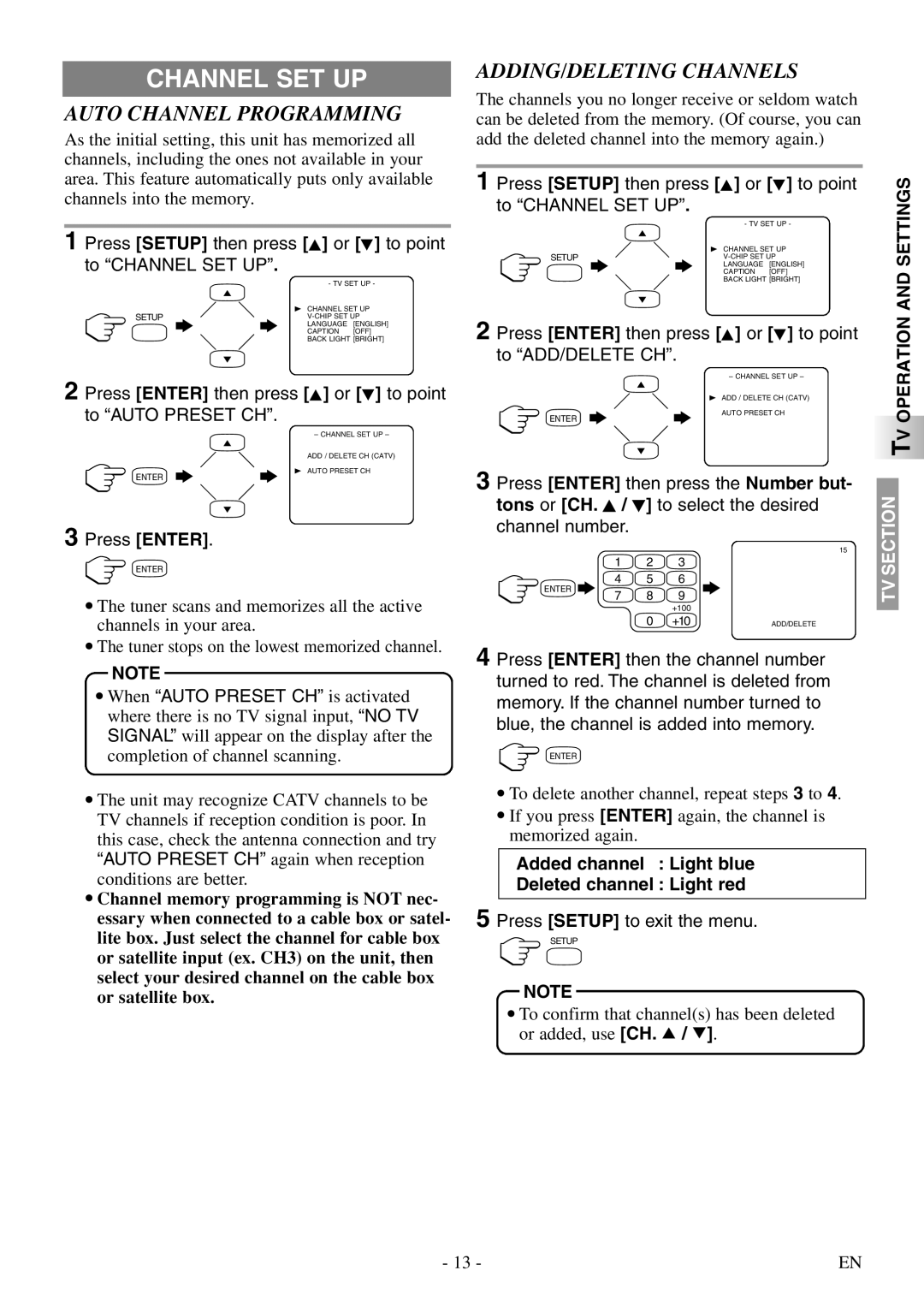 Symphonic STL20D5 owner manual Channel SET UP, Auto Channel Programming, ADDING/DELETING Channels, Operation and Settings 