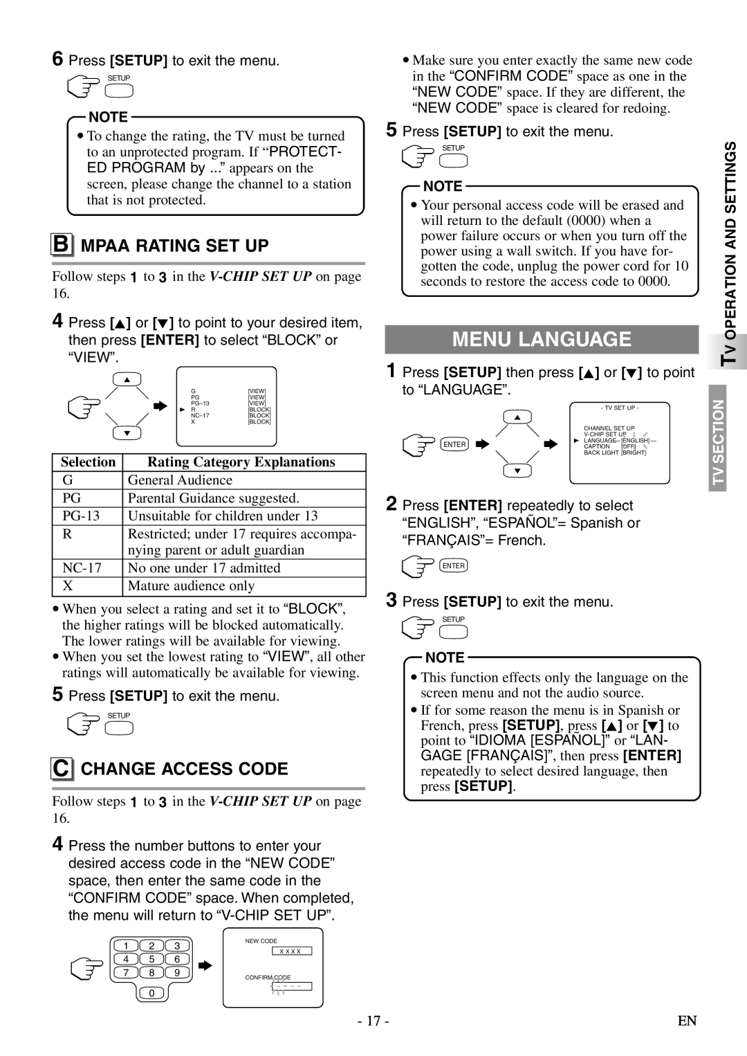 Symphonic STL20D5 owner manual Menu Language, Mpaa Rating SET UP, Change Access Code, TV Operation and Settings 