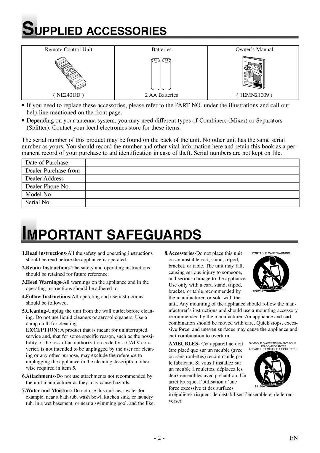 Symphonic STL20D5 owner manual Important Safeguards, Supplied Accessories 