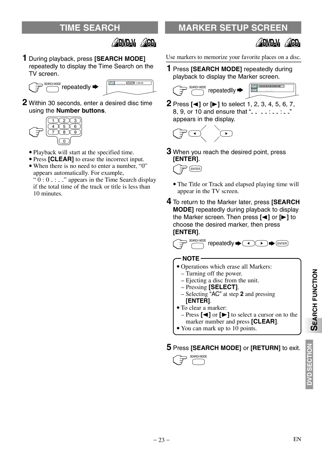 Symphonic STL20D5 owner manual Time Search, Marker Setup Screen, Enter, Press Search Mode or Return to exit 