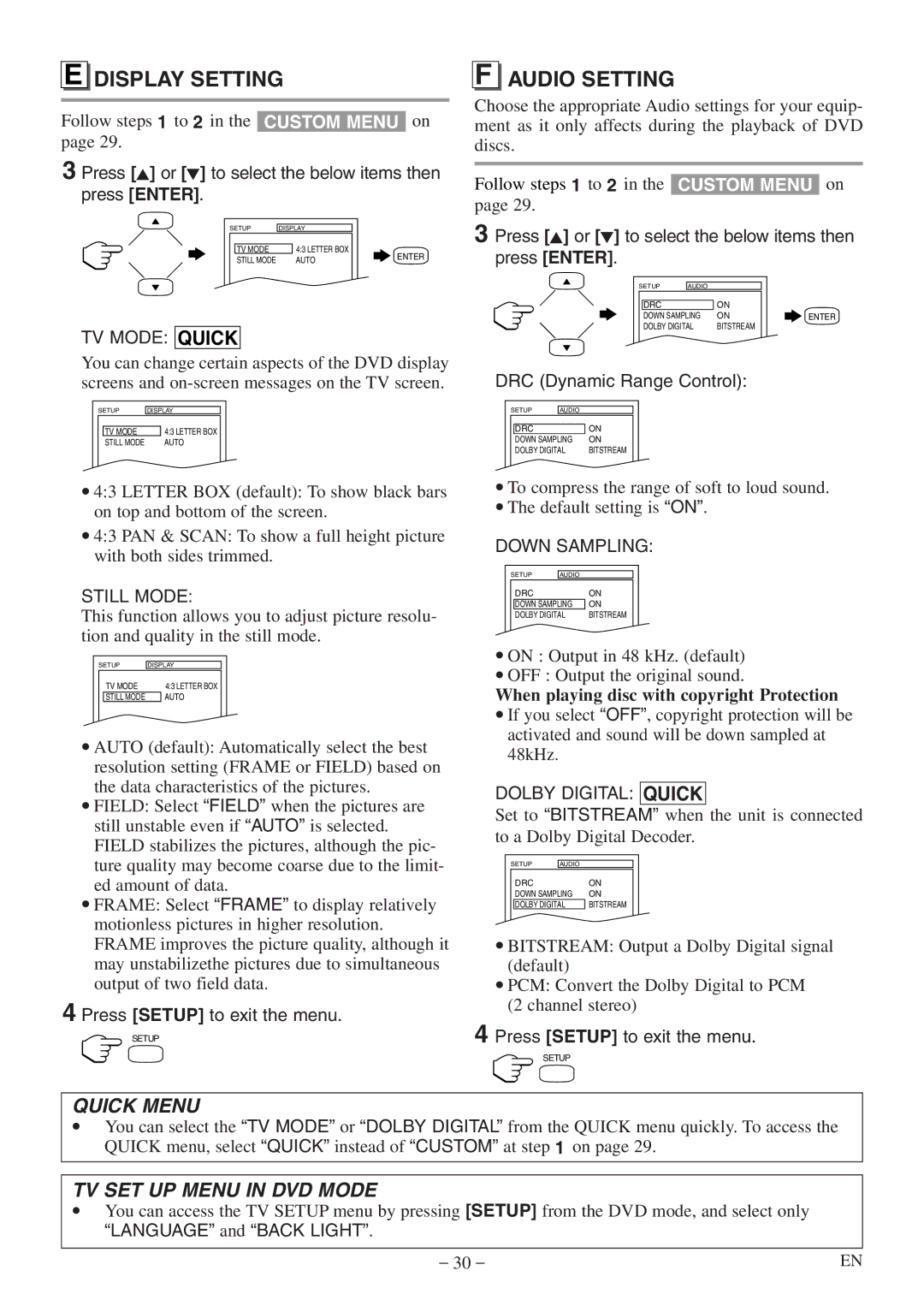 Symphonic STL20D5 owner manual Display Setting, Audio Setting, When playing disc with copyright Protection 