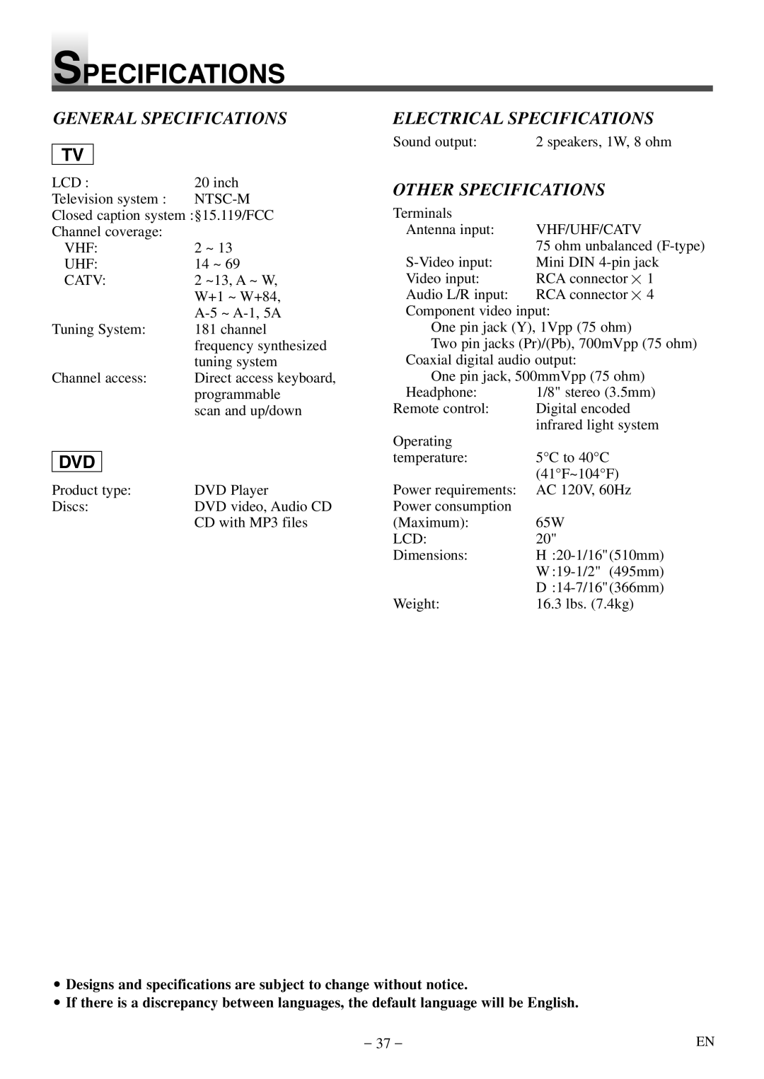 Symphonic STL20D5 owner manual General Specifications, Dvd, Electrical Specifications, Other Specifications 