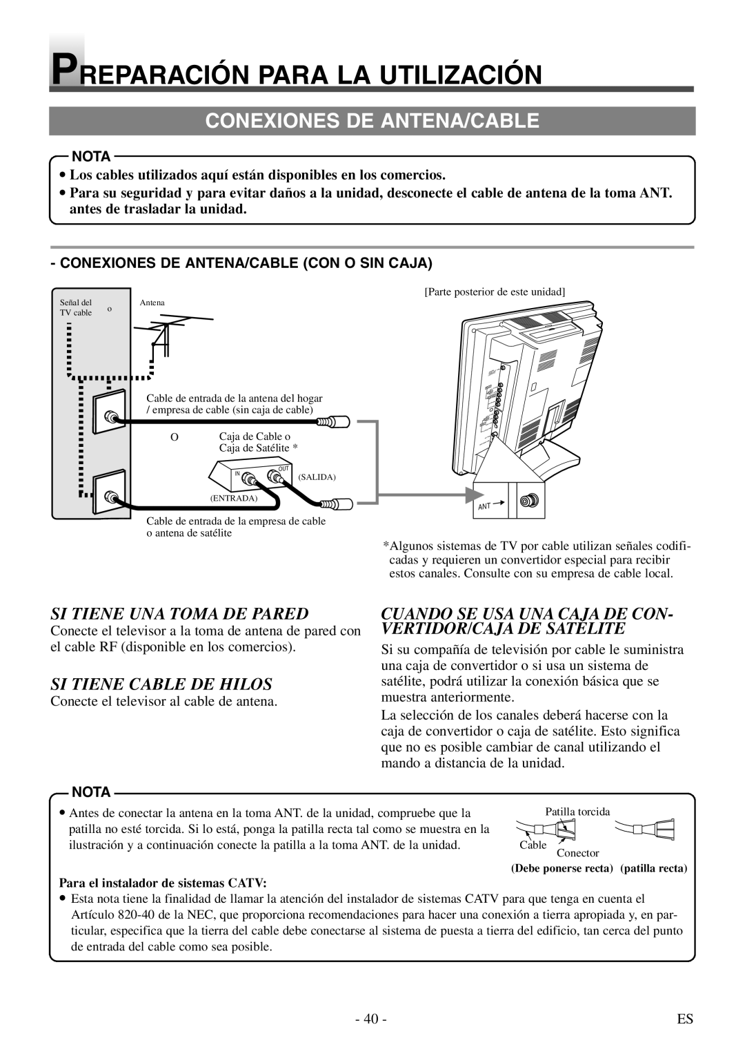 Symphonic STL20D5 owner manual Preparación Para LA Utilización, Conexiones DE ANTENA/CABLE, SI Tiene UNA Toma DE Pared 