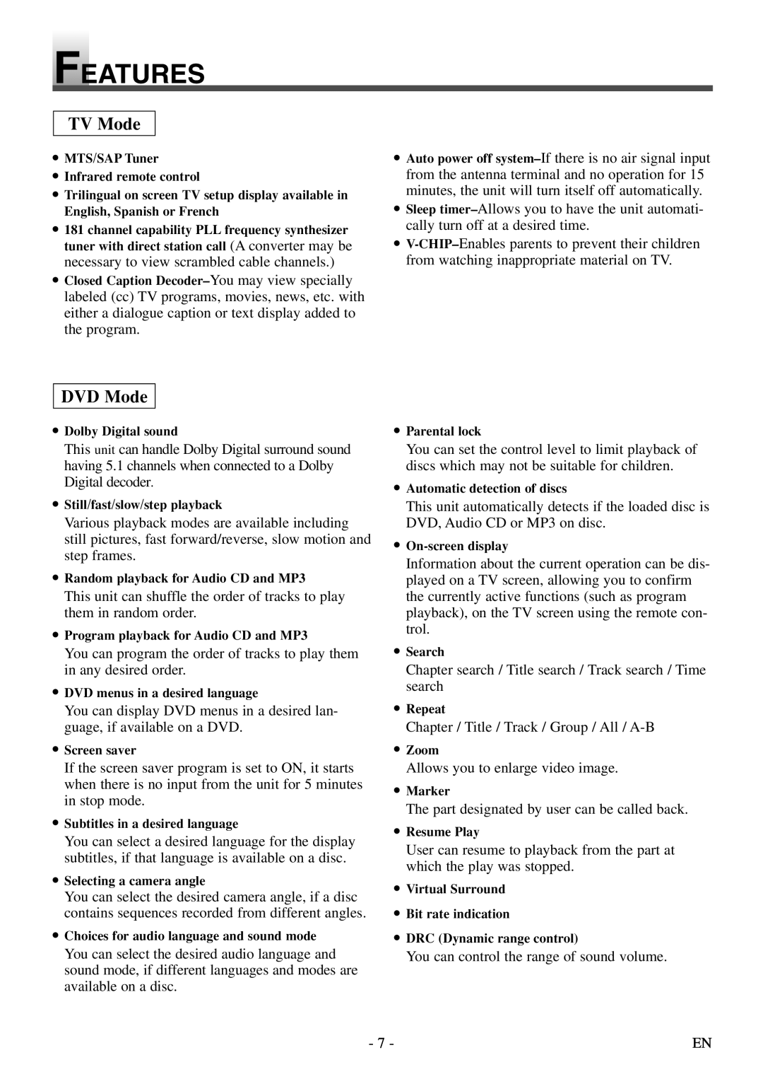 Symphonic STL20D5 owner manual Features, TV Mode 