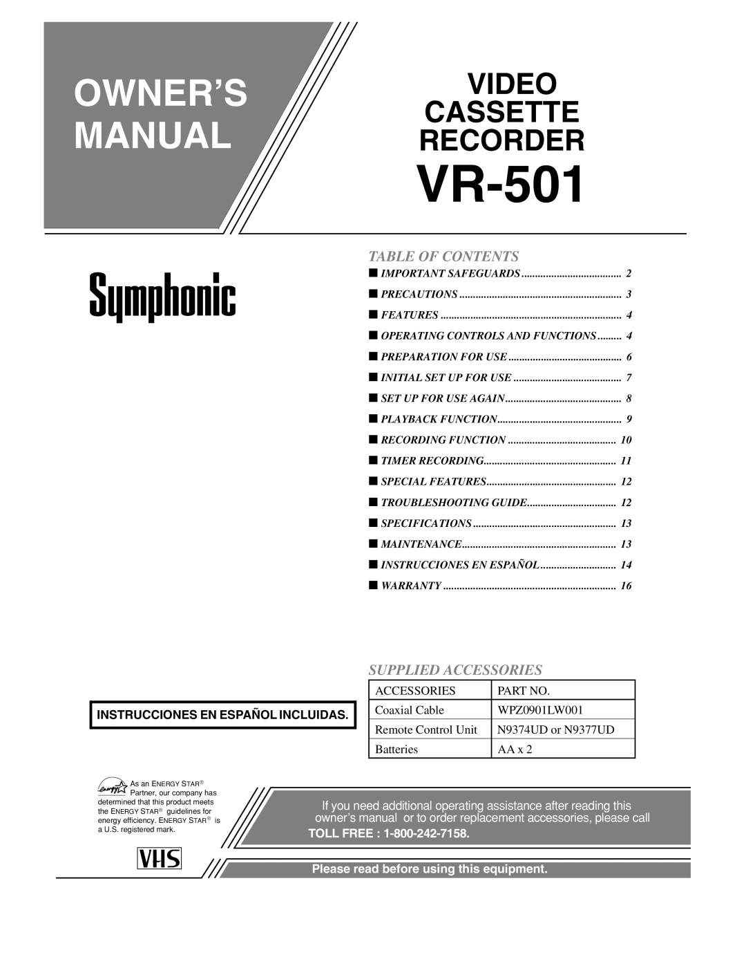 Symphonic VR-501 owner manual Table of Contents, Supplied Accessories 