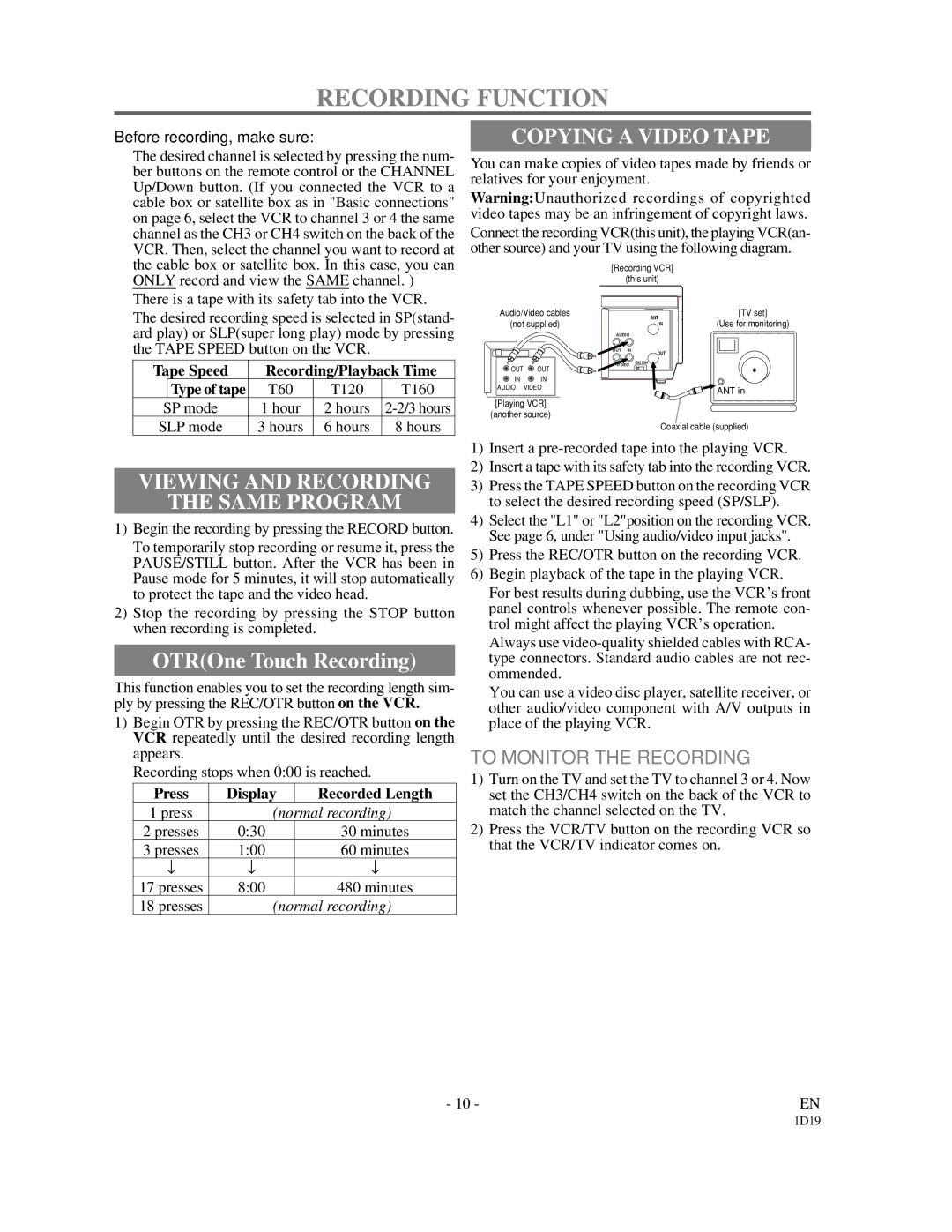 Symphonic VR-501 Recording Function, Viewing and Recording Same Program, Copying a Video Tape, To Monitor the Recording 