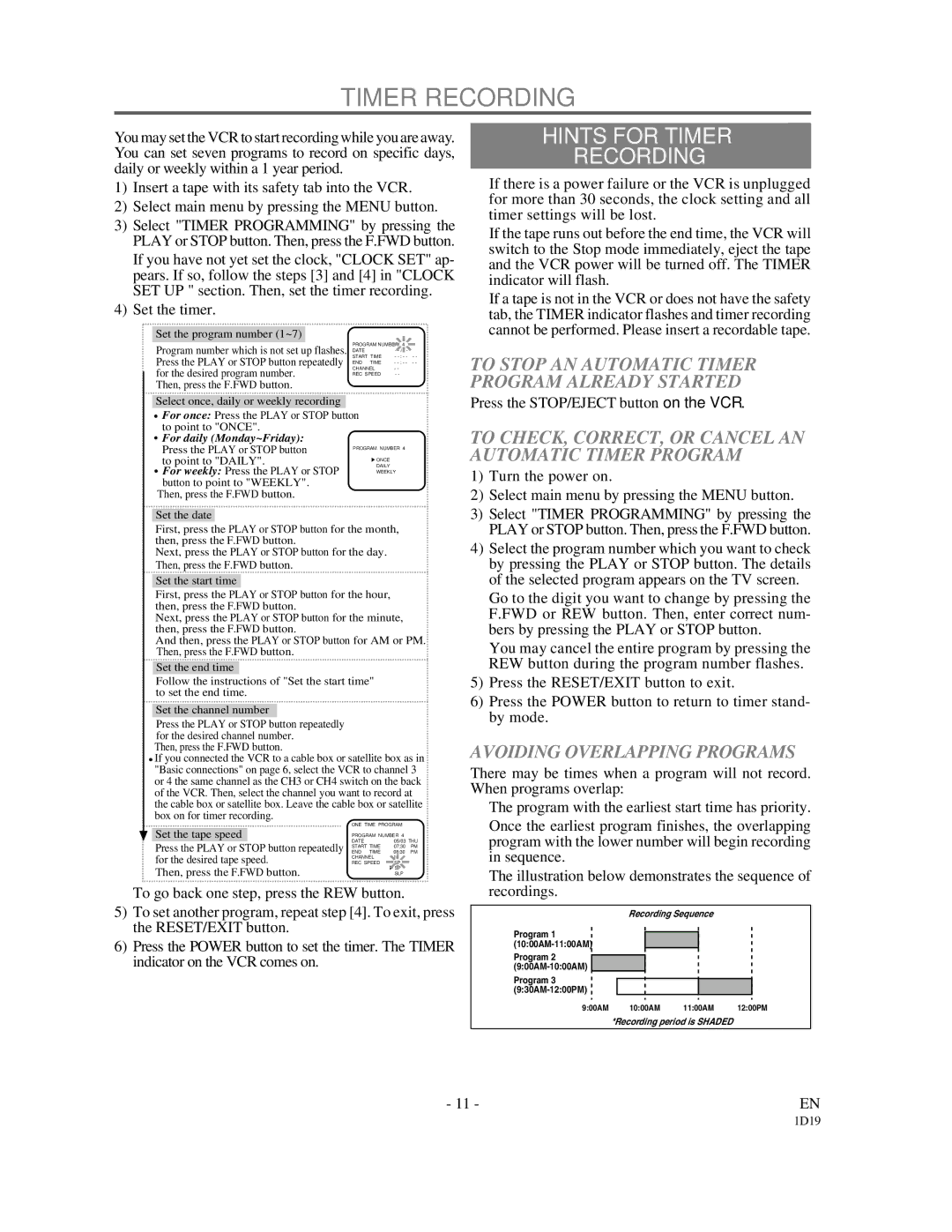 Symphonic VR-501 owner manual Hints for Timer Recording, To Stop AN Automatic Timer Program Already Started 