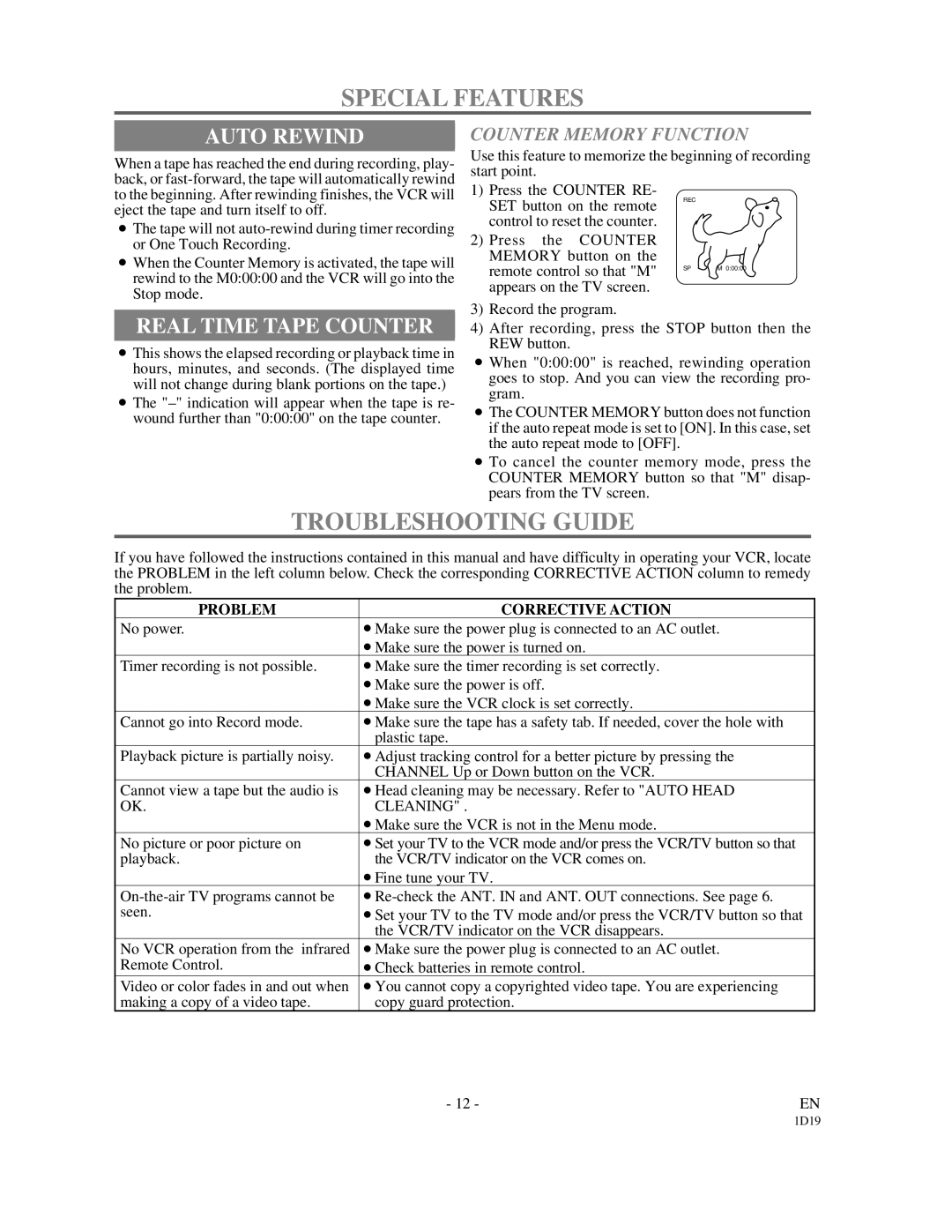 Symphonic VR-501 Special Features, Troubleshooting Guide, Auto Rewind, Real Time Tape Counter, Counter Memory Function 