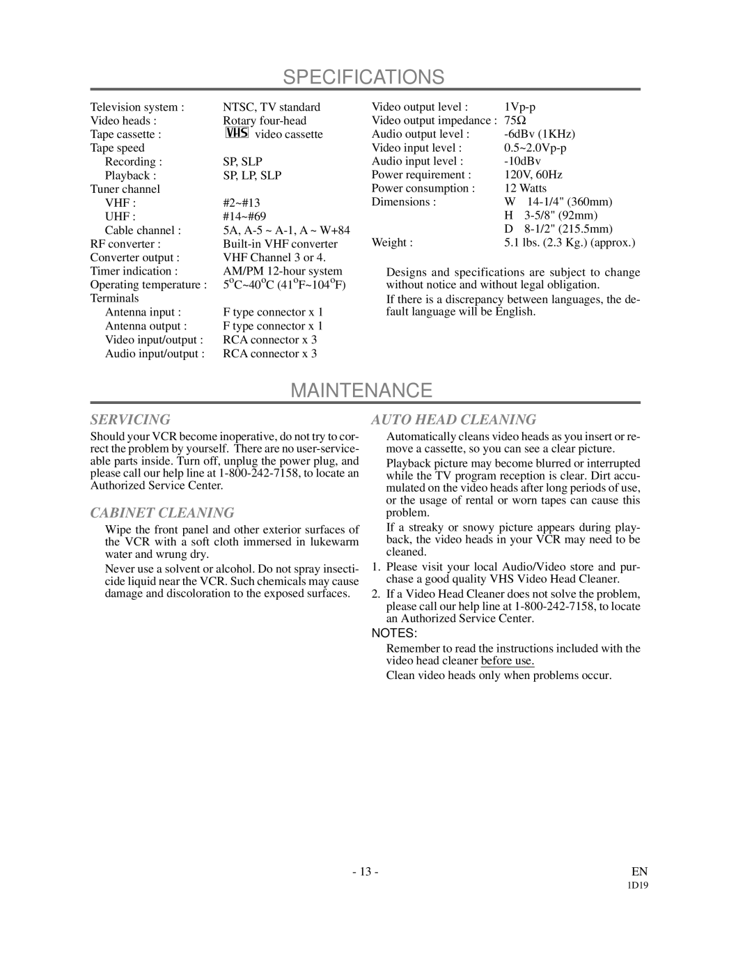 Symphonic VR-501 owner manual Specifications, Maintenance, Servicing, Cabinet Cleaning, Auto Head Cleaning 