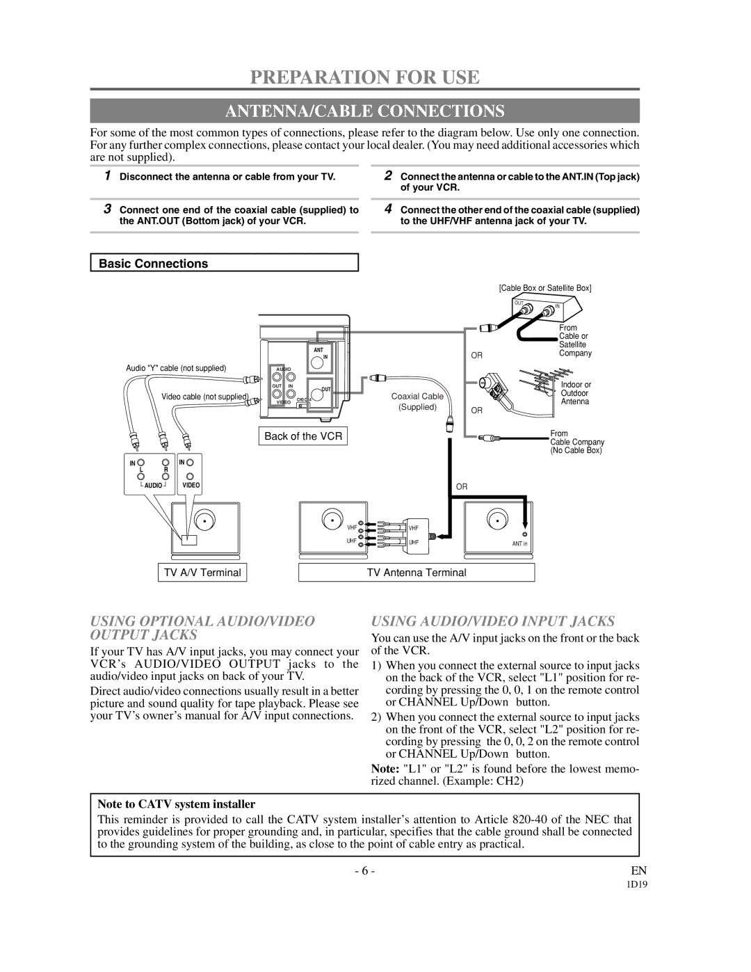 Symphonic VR-501 owner manual Preparation for USE, ANTENNA/CABLE Connections 