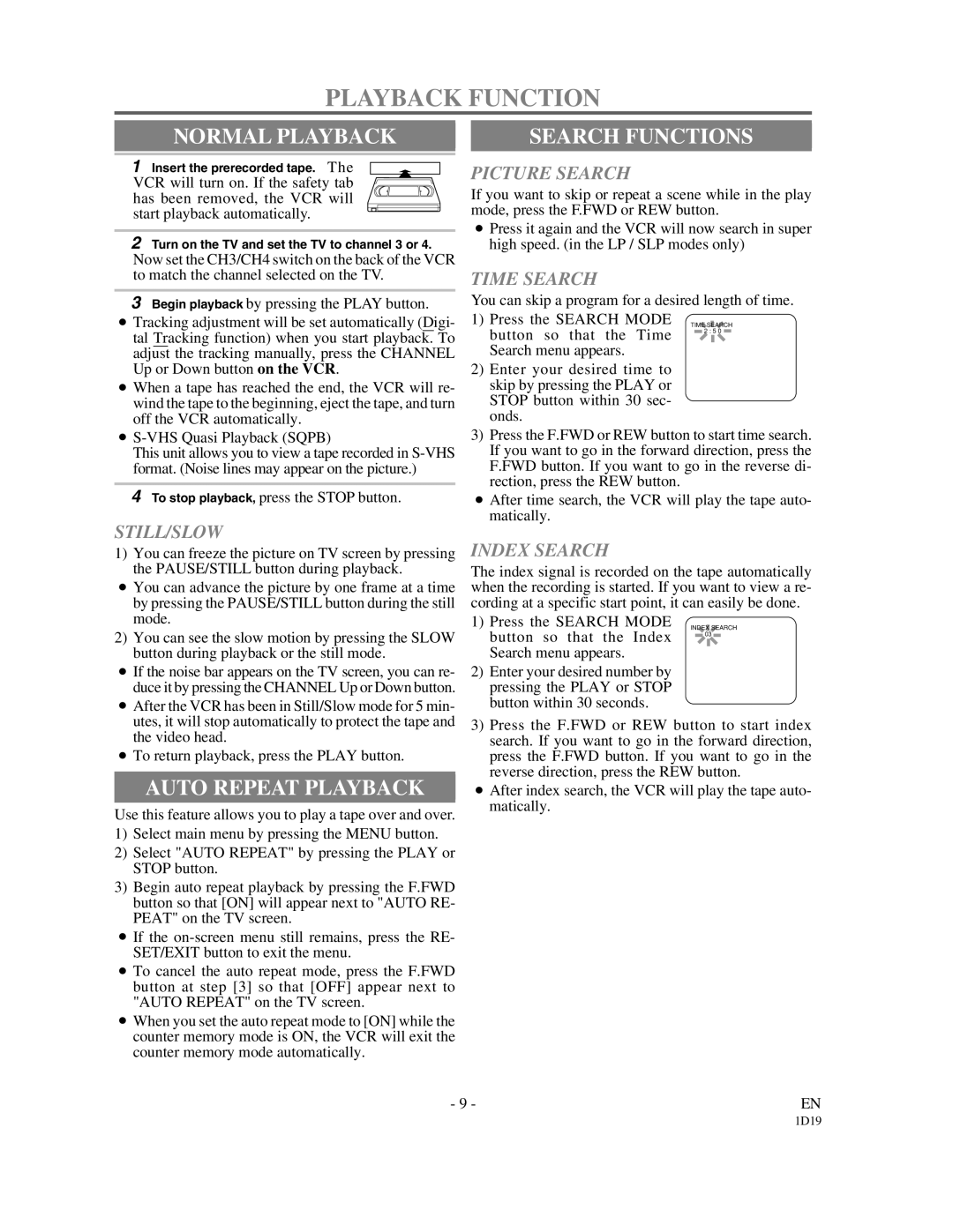 Symphonic VR-501 owner manual Playback Function, Normal Playback, Search Functions, Auto Repeat Playback 