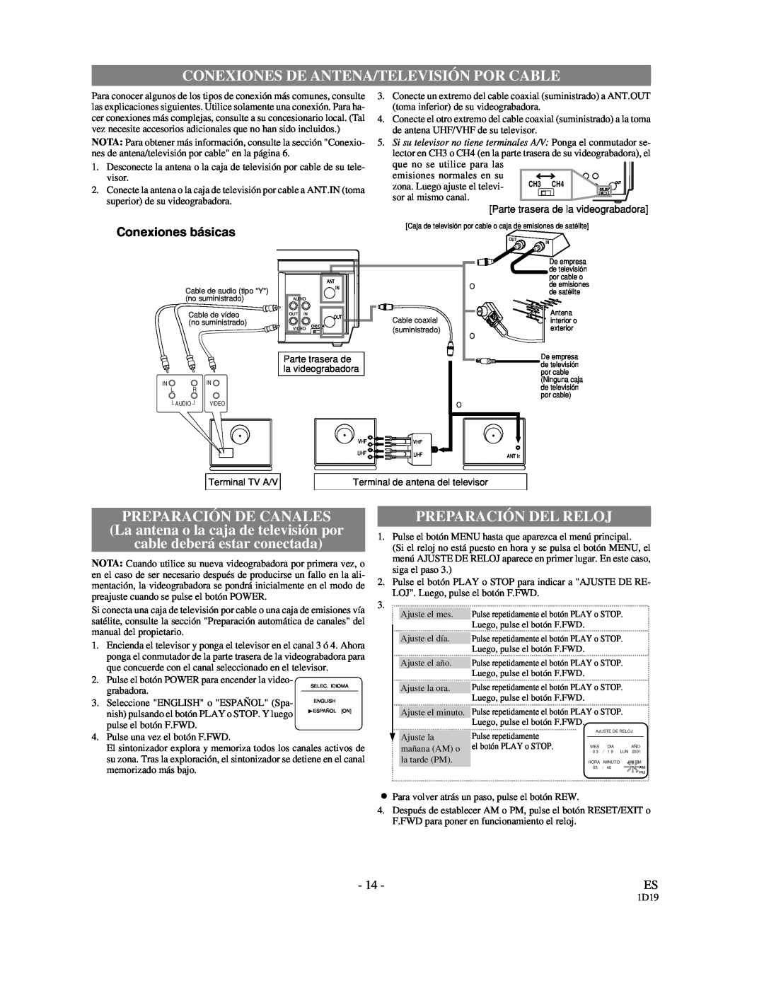 Symphonic VR-501 owner manual Conexiones De Antena/Televisión Por Cable, Preparación De Canales, Preparación Del Reloj 