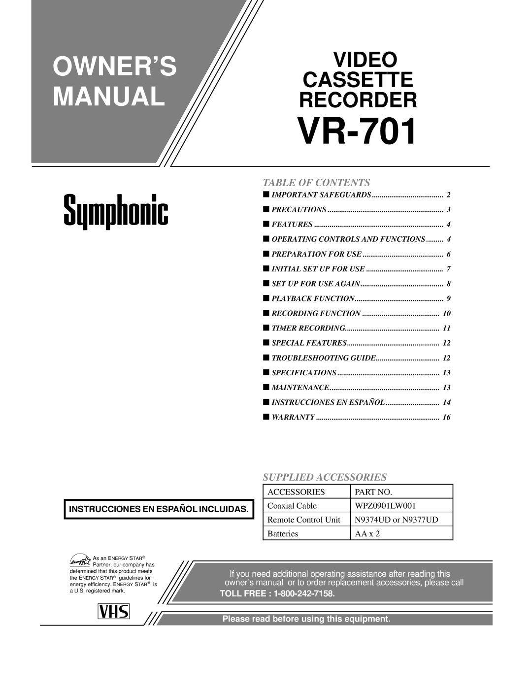 Symphonic VR-701 owner manual Table of Contents, Supplied Accessories 