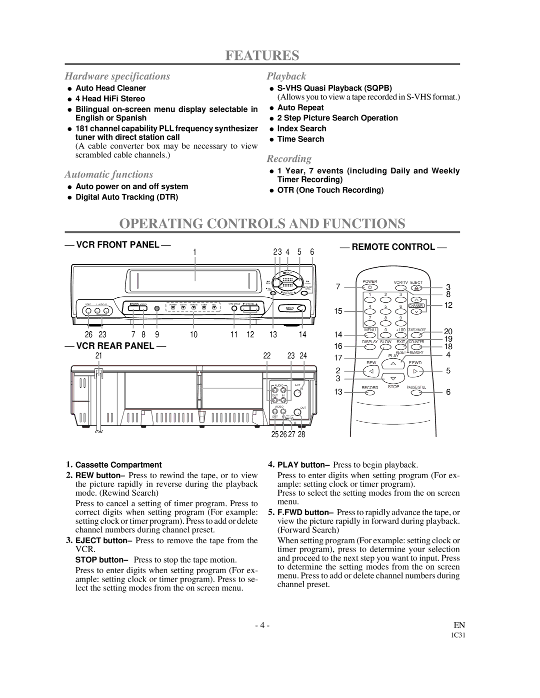 Symphonic VR-701 owner manual Features, Operating Controls and Functions 