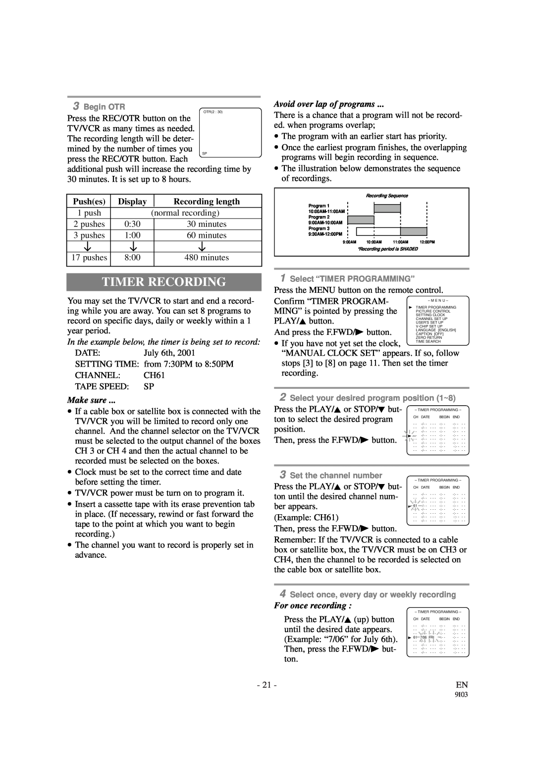Symphonic WF-13C2 owner manual Timer Recording, Pushes, Display, Recording length 