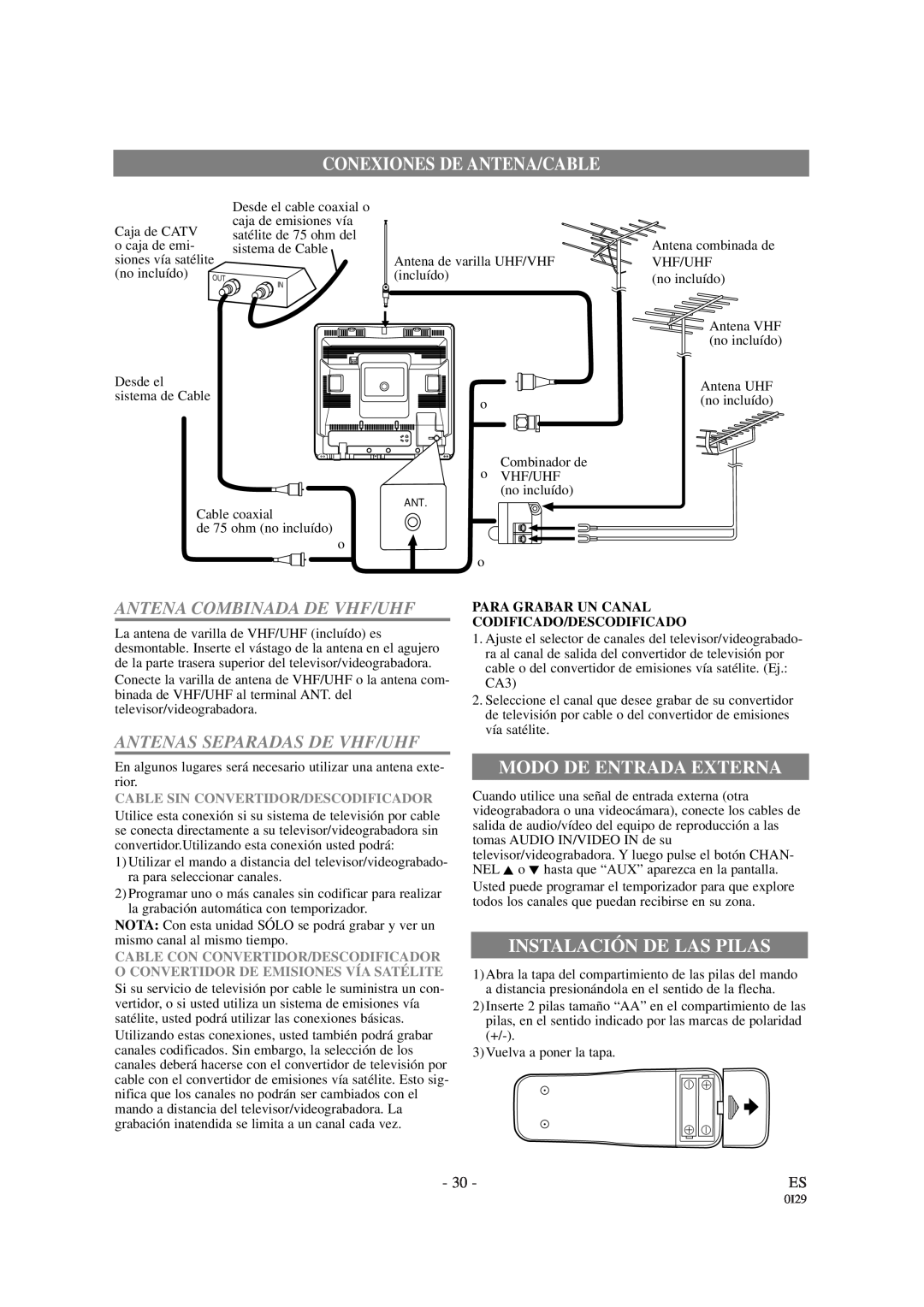 Symphonic WF-13C2 owner manual Conexiones De Antena/Cable, Modo De Entrada Externa, Instalación De Las Pilas 