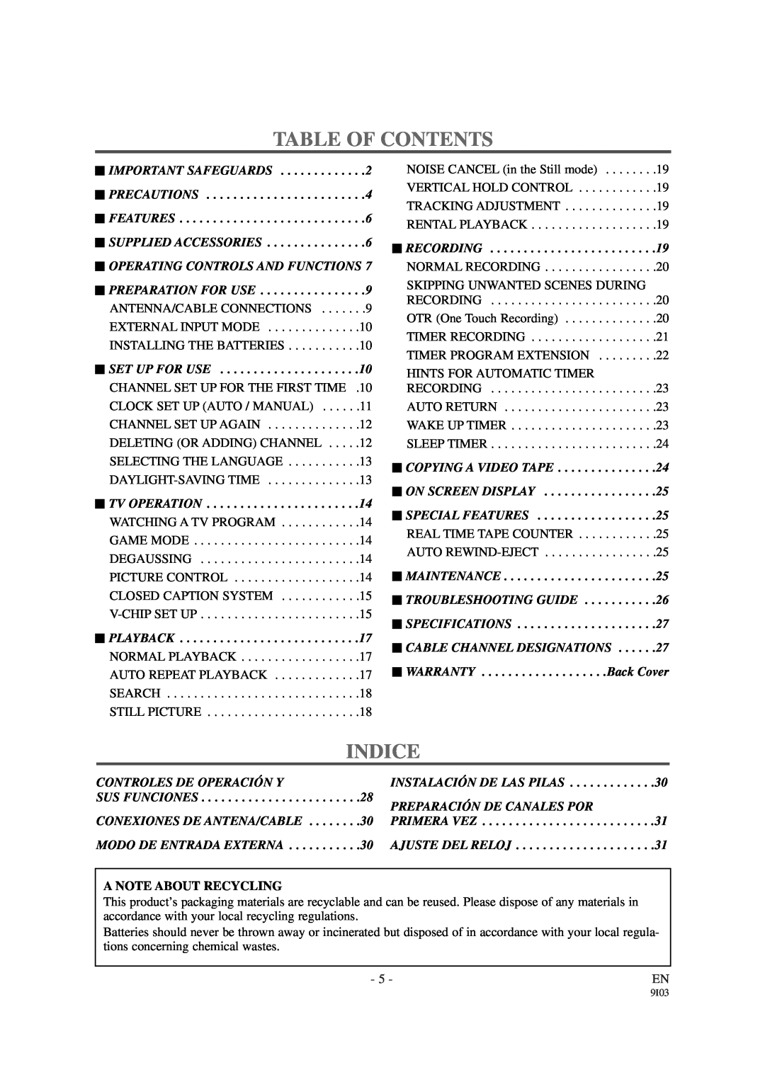 Symphonic WF-13C2 owner manual Table Of Contents, Indice, A Note About Recycling 