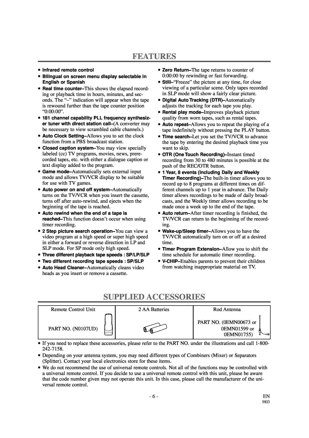 Symphonic WF-13C2 owner manual Features, Supplied Accessories 