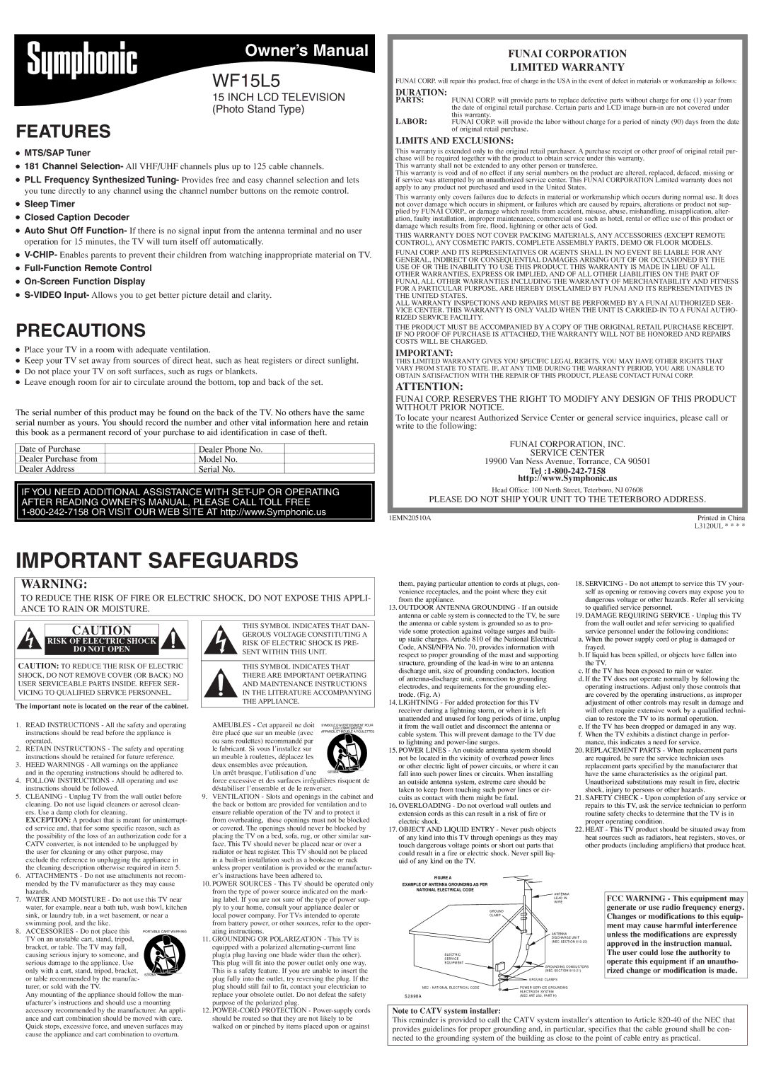 Symphonic WF15L5 owner manual Features, Precautions, Funai Corporation Limited Warranty 